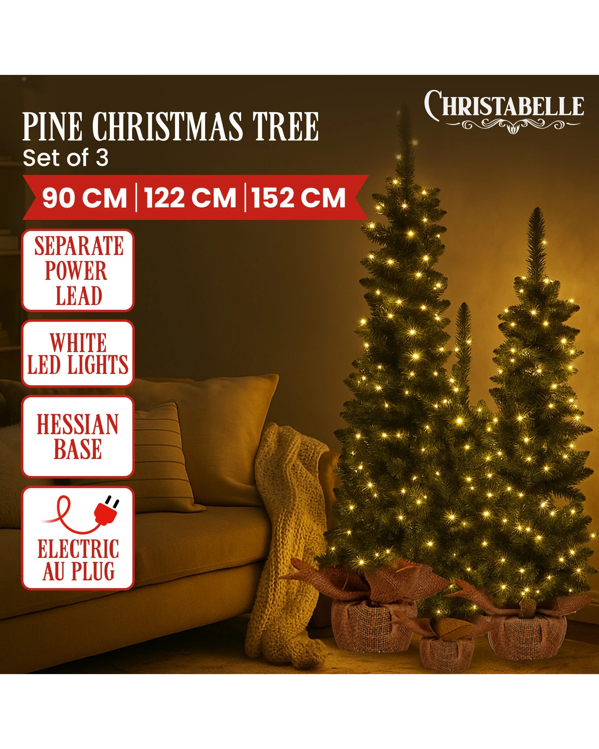 9 Christabelle Set Of 3 Pre-lit Christmas Trees Green Pine Led Lights Hessian Base Individual Plugs Varying Heights, 9 of 9