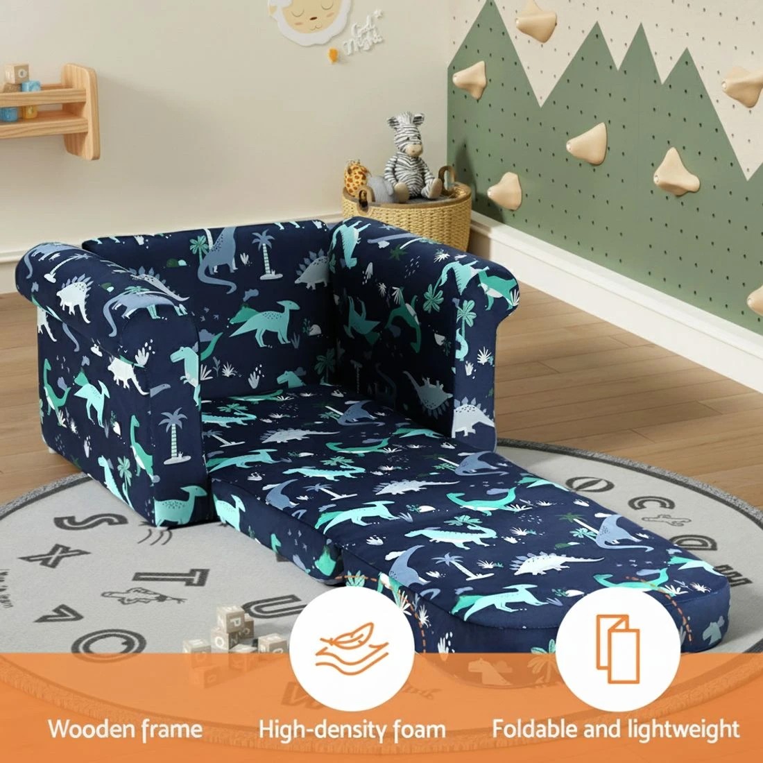 3 Keezi Kids Sofa 1 Seater Children Flip Open Couch Lounger Armchair Dinosaur Navy - Natural, 3 of 5