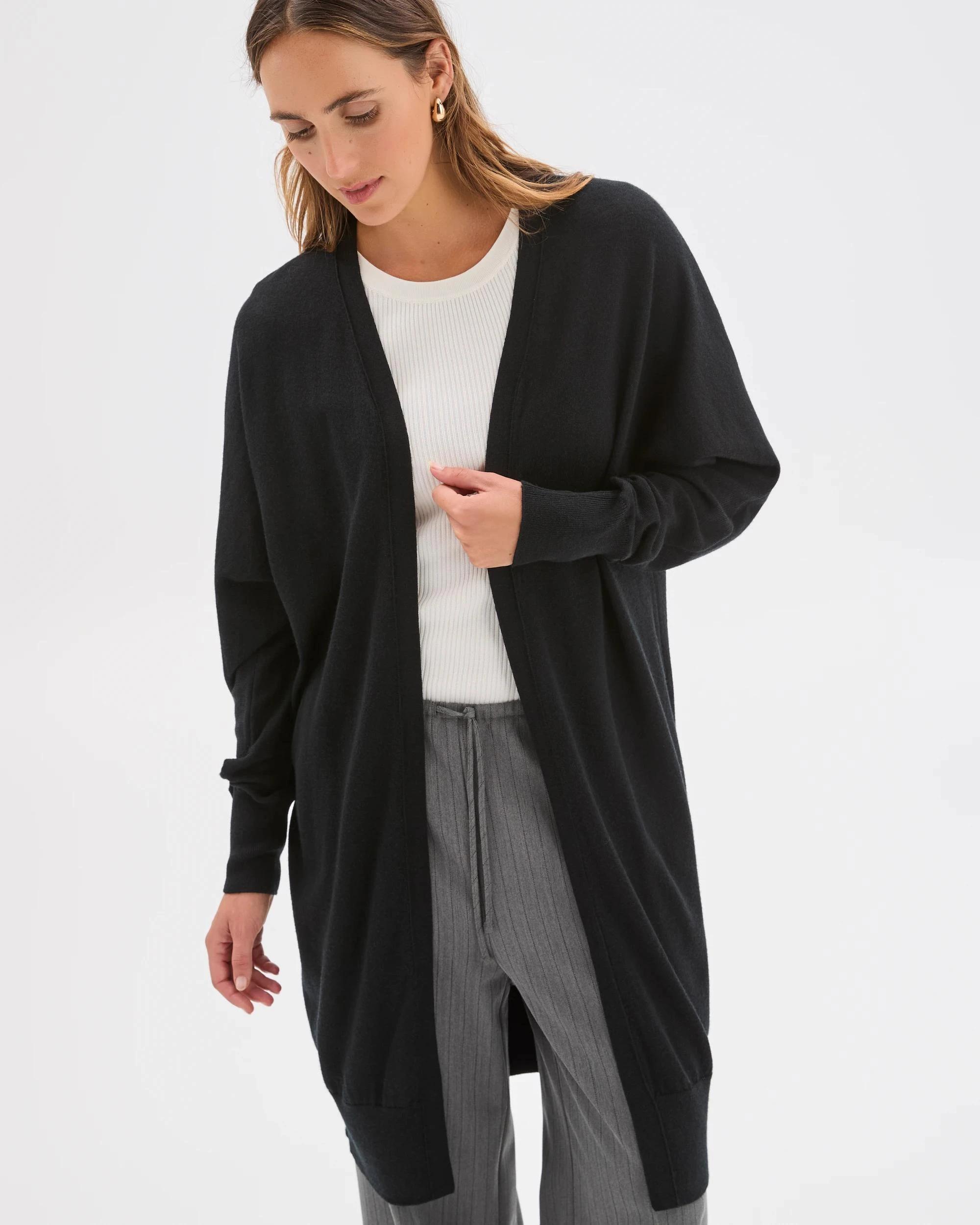 2 Preview Australian Merino Wool Long Sleeve Longline Cardigan BLACK, 2 of 6