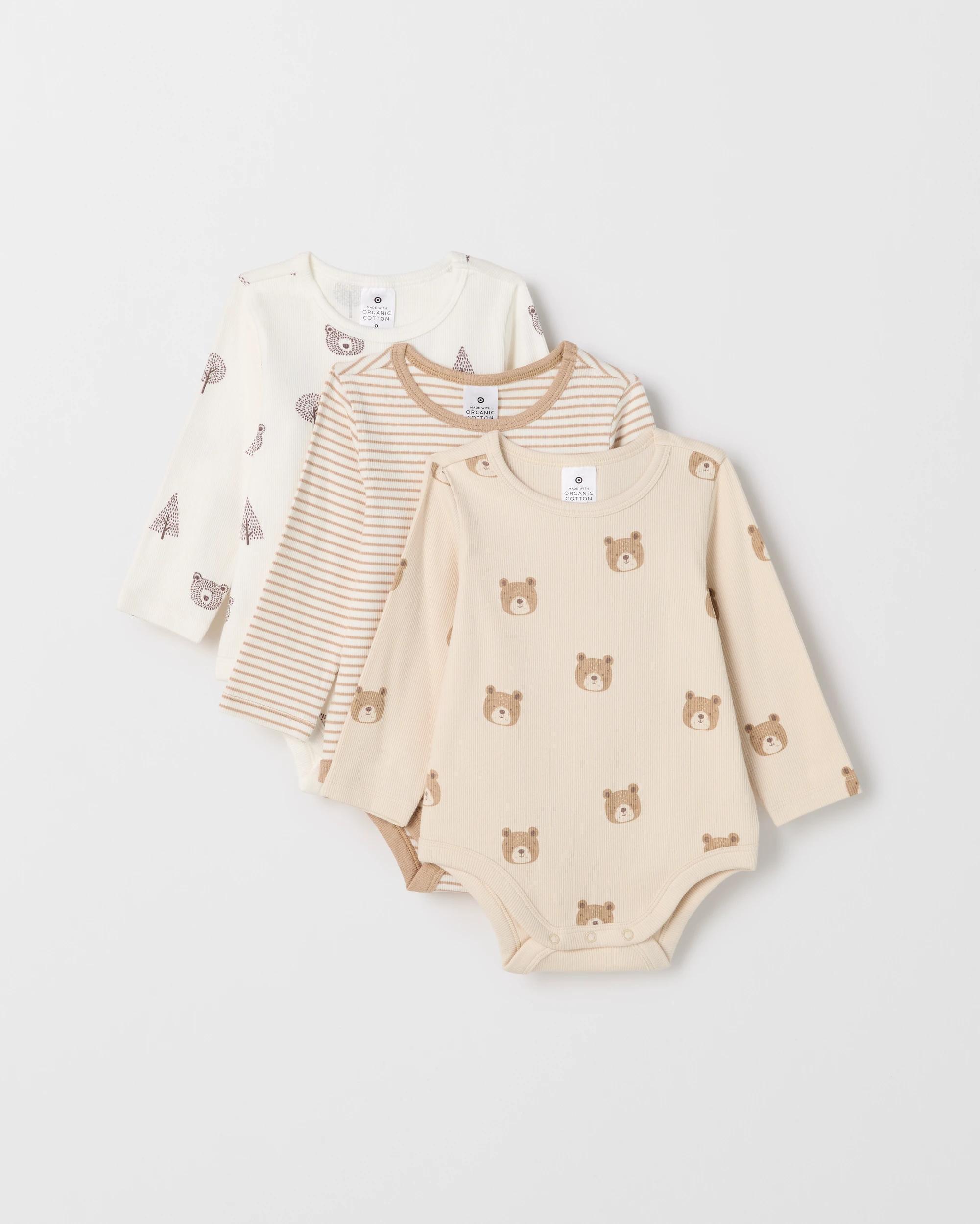 1 Target Baby Baby Organic Cotton 3 Pack Long Sleeve Rib Bodysuit BEARS CLOUD DANCER, 1 of 5