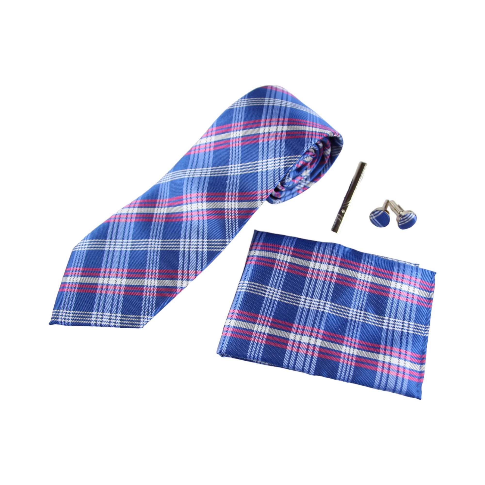 2 Zasel Mens Blue & Pink Checkered Matching Neck Tie, Pocket Square, Cuff Links And Tie Clip Set - Multi - Multi, 2 of 4