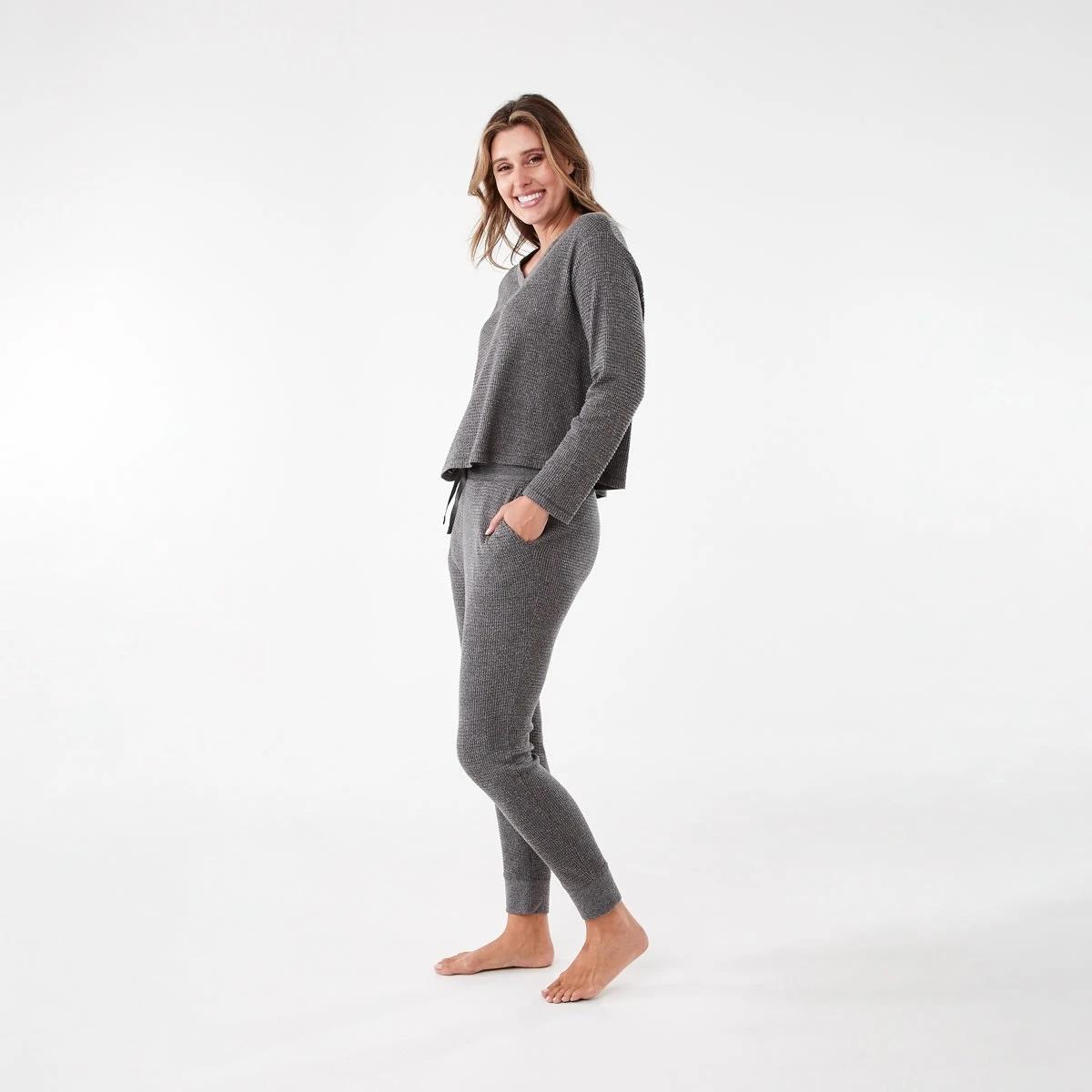 2 Waffle Long Sleeve Top and Pants Lounge Pyjama Set Slate Mrle, 2 of 8