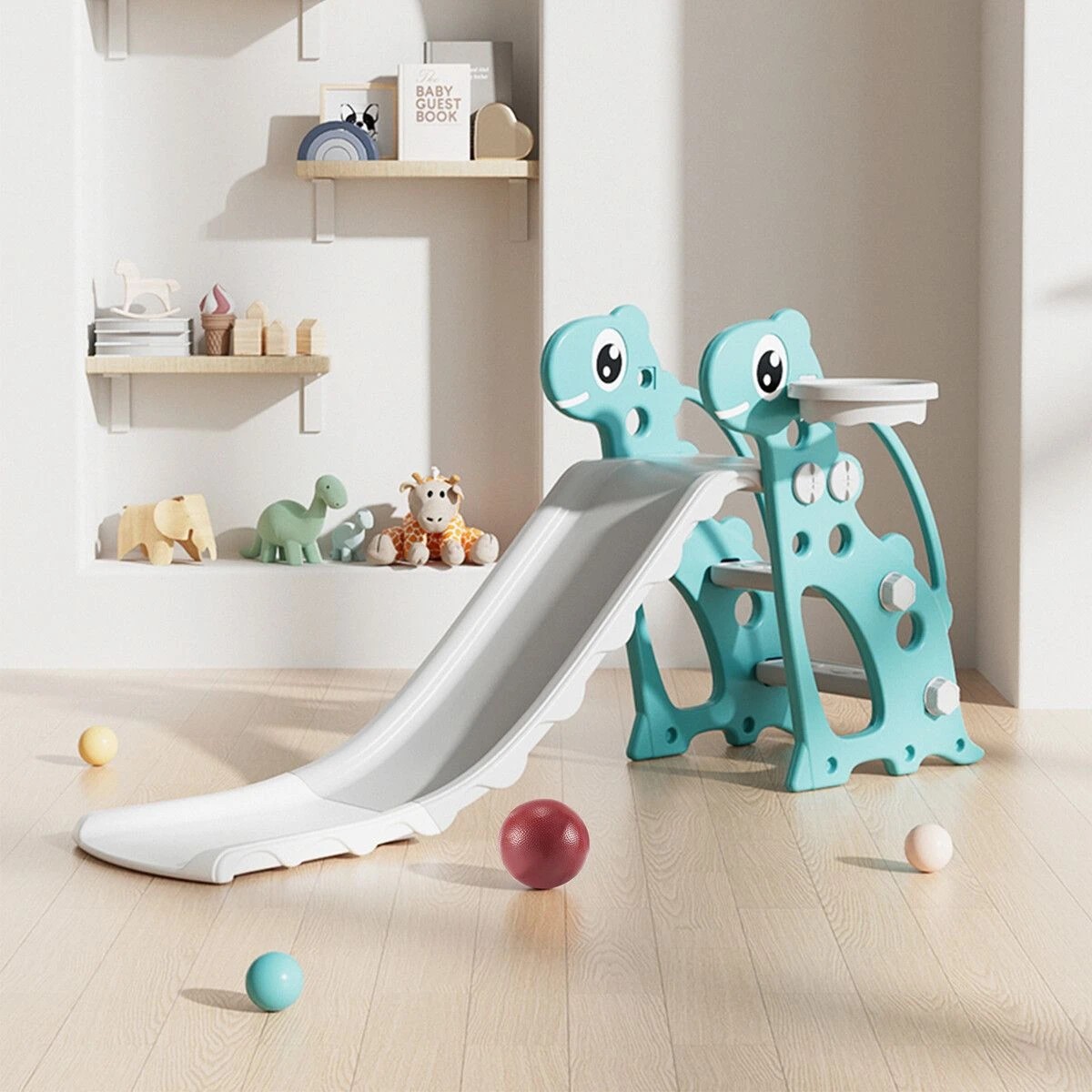 2 Kidbot 3 in 1 Kids Slide Ladder Set Climber Steps Basketball Hoop, 2 of 4