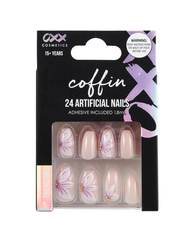 OXX Cosmetics 24 Pack Artificial Nails with Adhesive - Coffin shape, 3D P