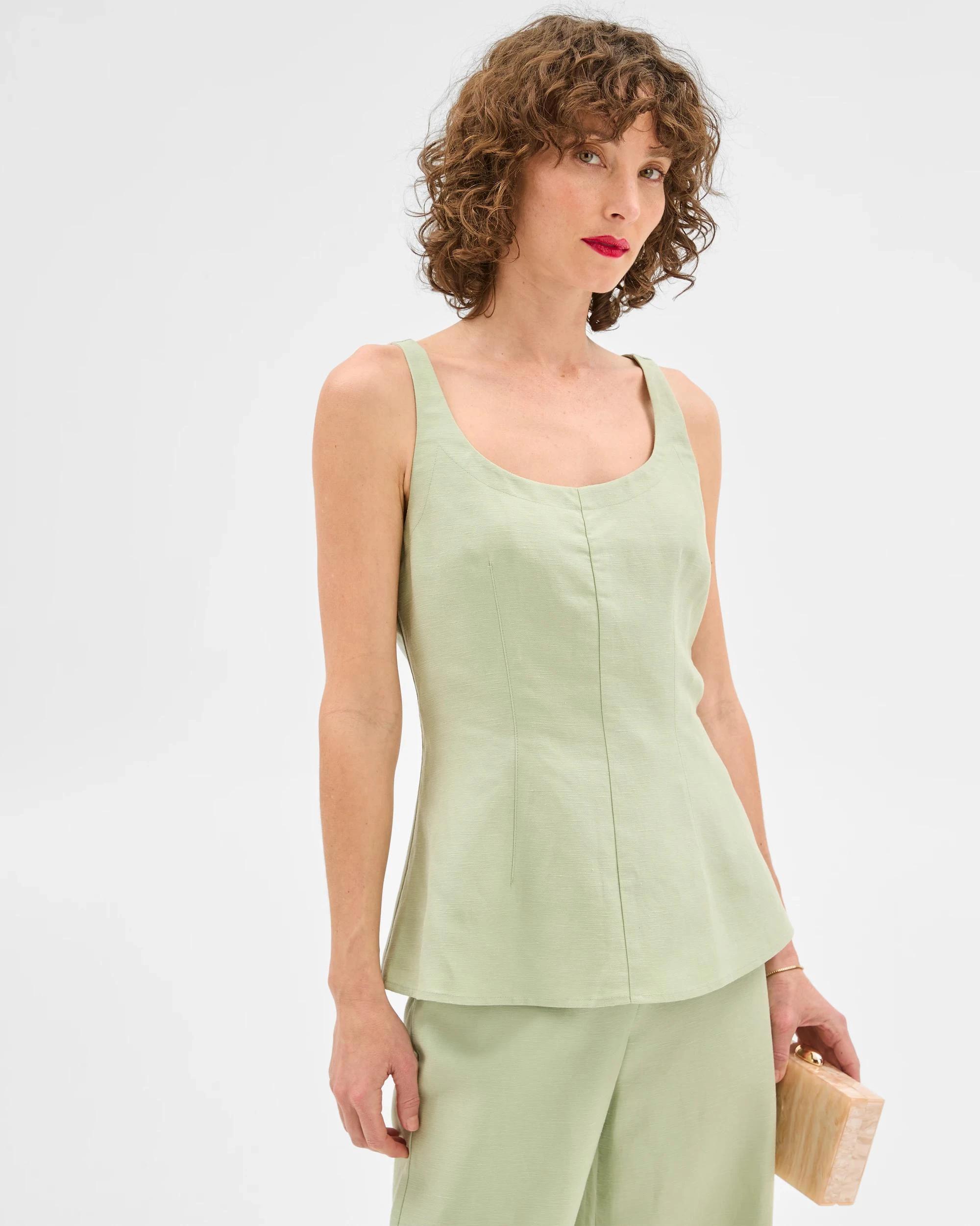 1 Linen Blend Sleeveless Tailored Top - Preview DESERT SAGE, 1 of 8