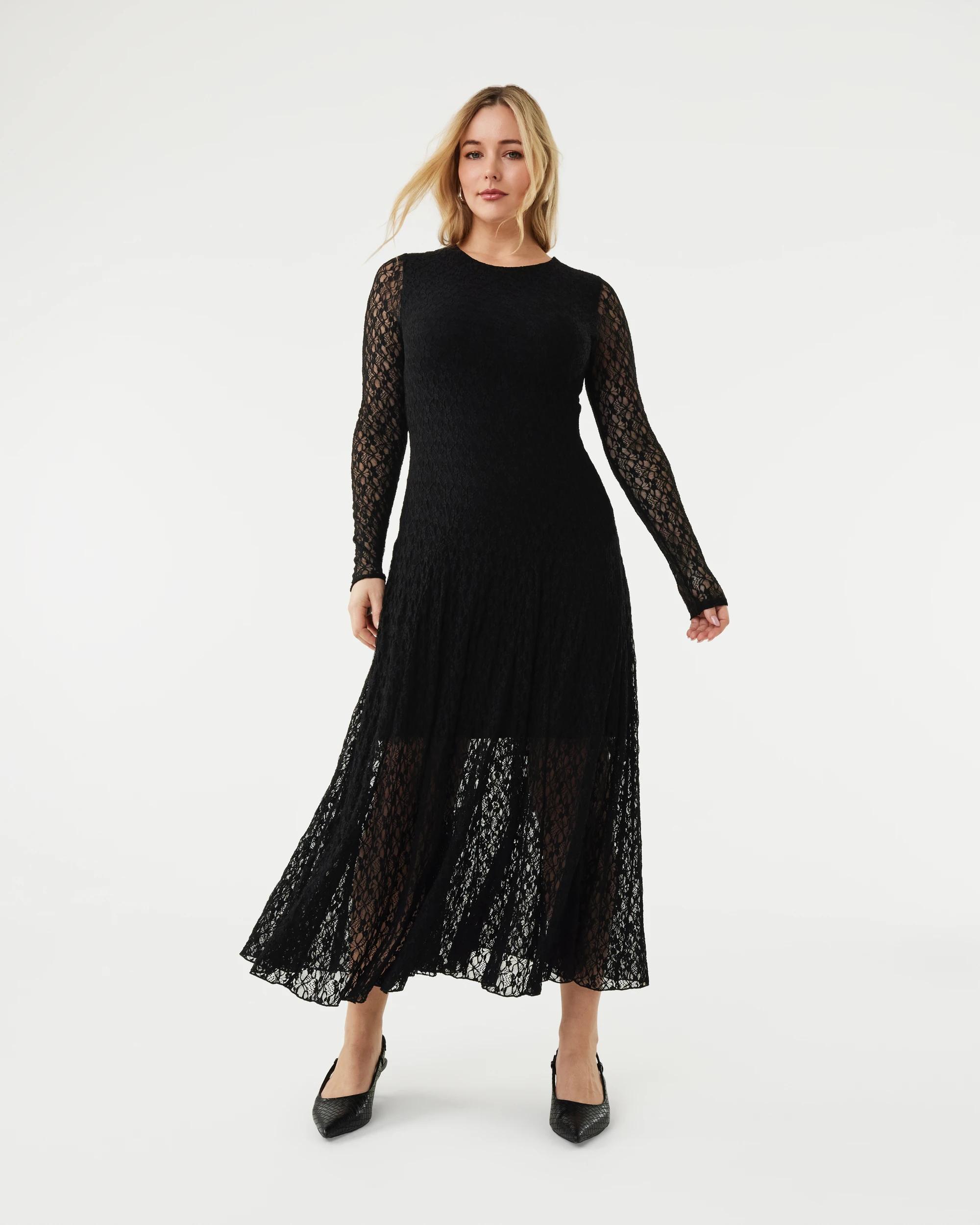 1 Long Sleeve Lace Midi Dress Black, 1 of 7