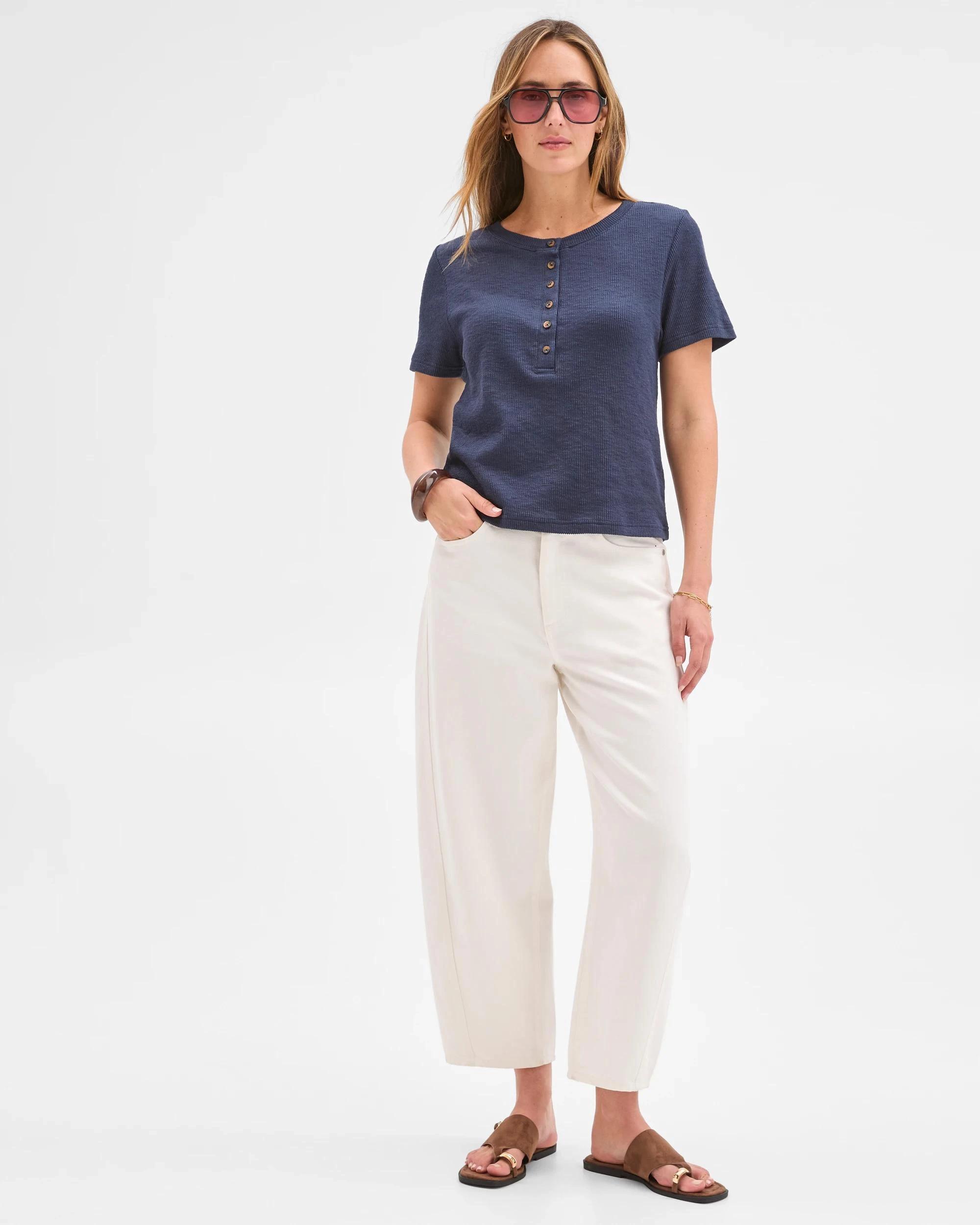 1 Target Woman Australian Cotton Blend Textured Rib Henley T-Shirt NAVY BLAZER, 1 of 5