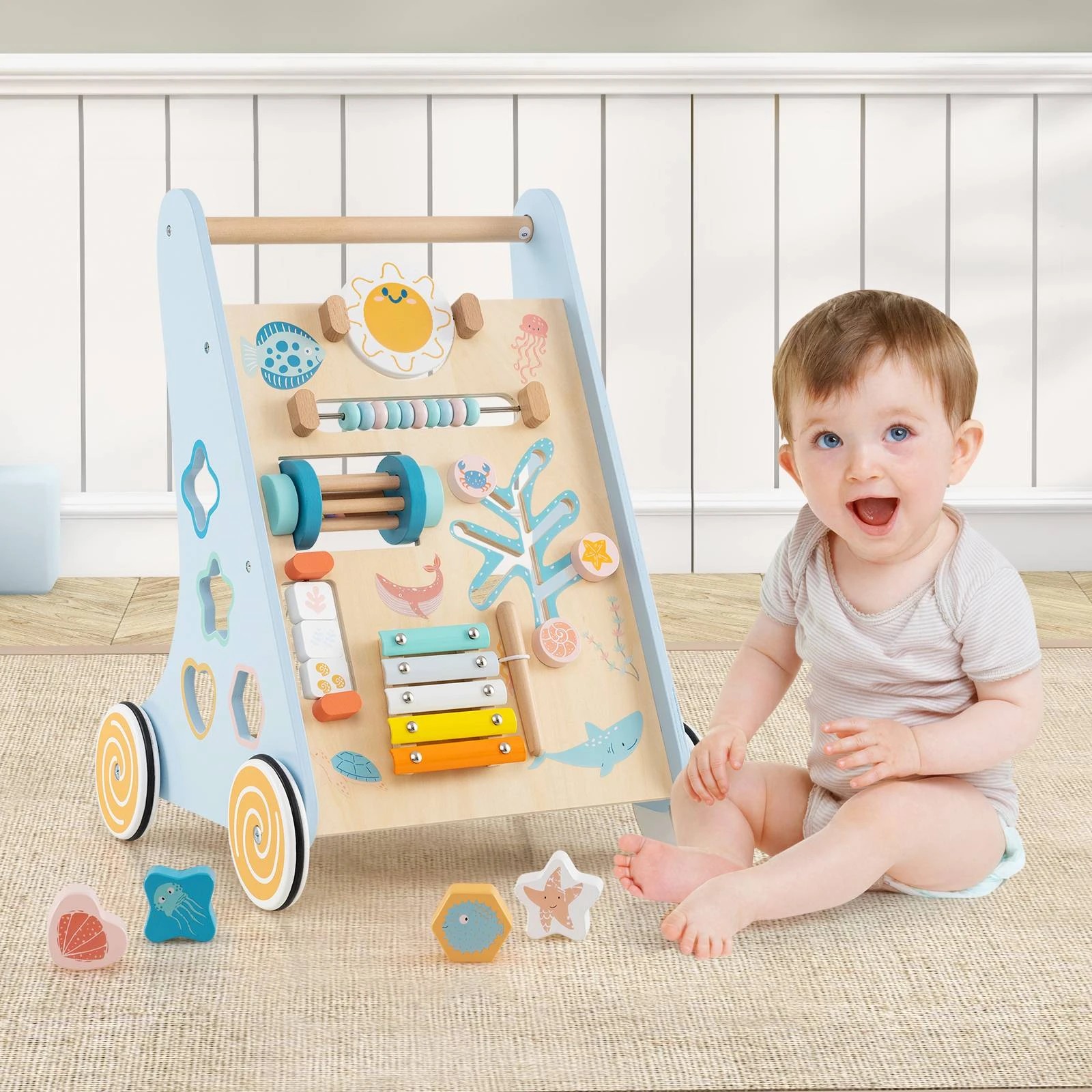 2 Costway 8-in-1 Wooden Walker First Steps Push & Pull Toy - Blue, 2 of 2