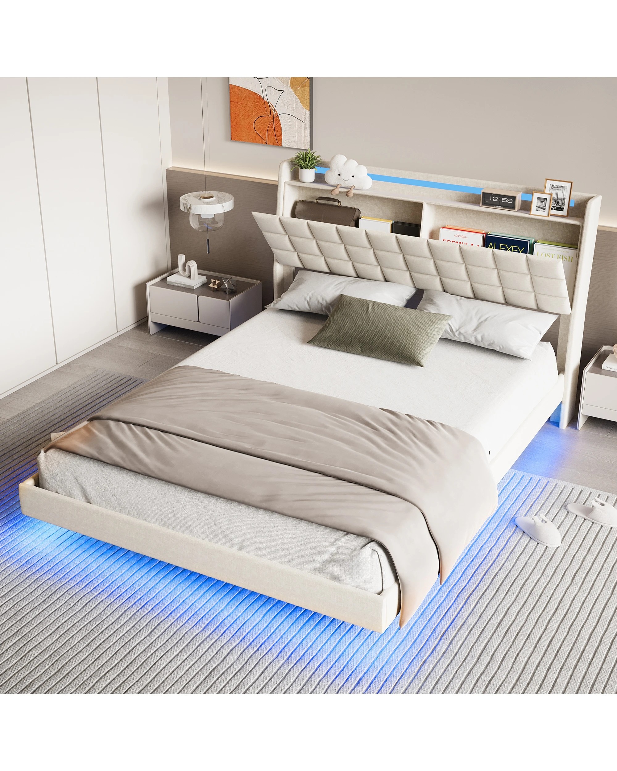 2 Advwin Queen Floating Bed Frame with LED Lights and Storage Headboard - Beige, 2 of 6