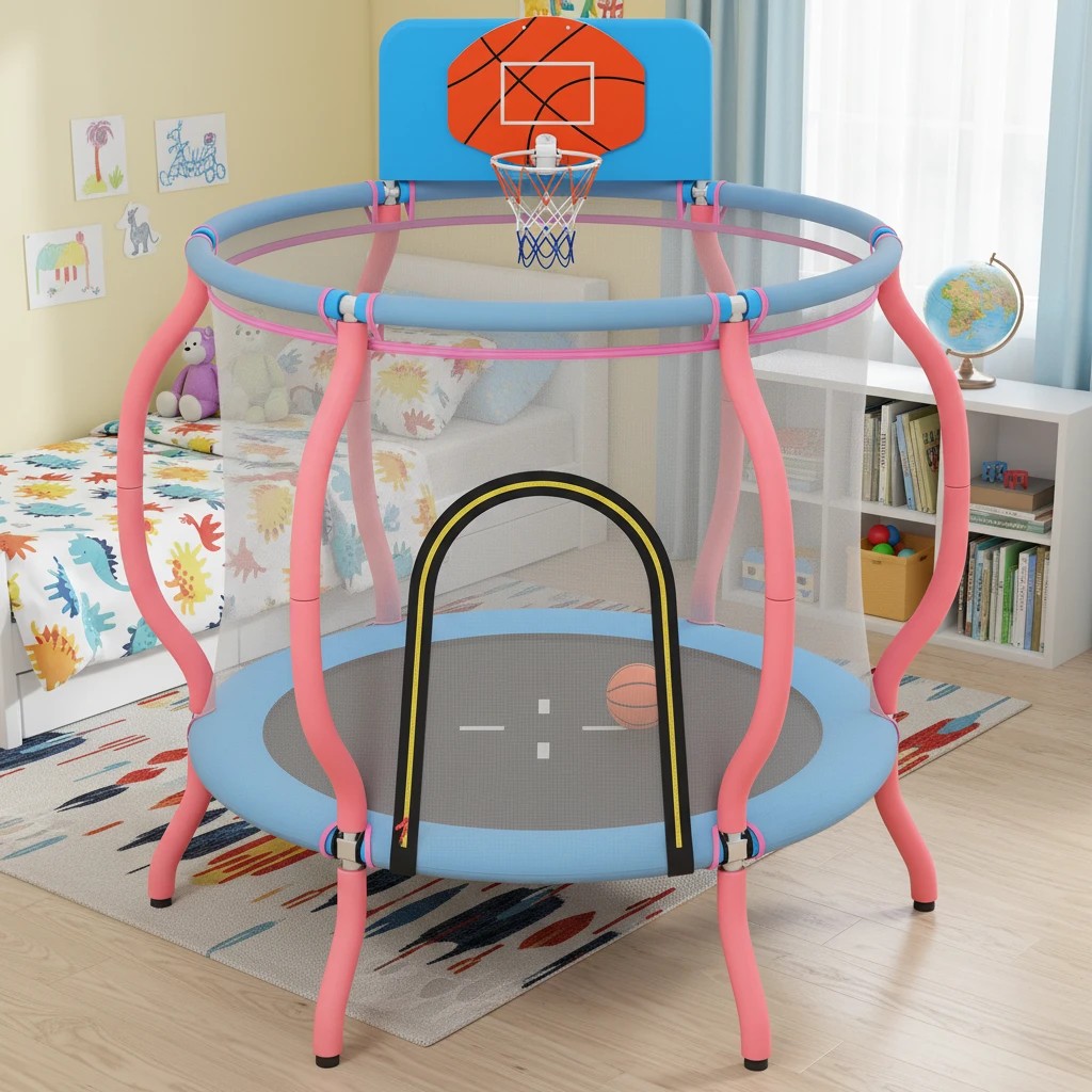 2 Costway Kids Trampoline Rebounder w/Basketball Hoop Mesh Enclosure Indoor Outdoor Play Gift, 2 of 3