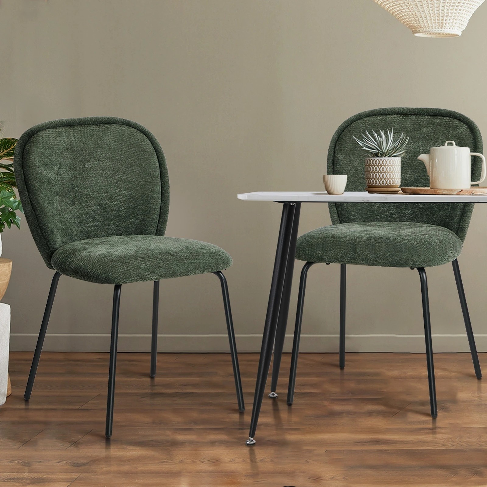 4 Oikiture 4x Dining Chairs Kitchen Accent Chairs Chenille Pad Metal Legs - Green, 4 of 9