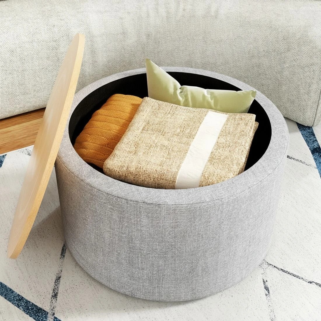 4 Artiss Storage Ottoman Blanket Box 60cm Linen Round - Grey, 4 of 5