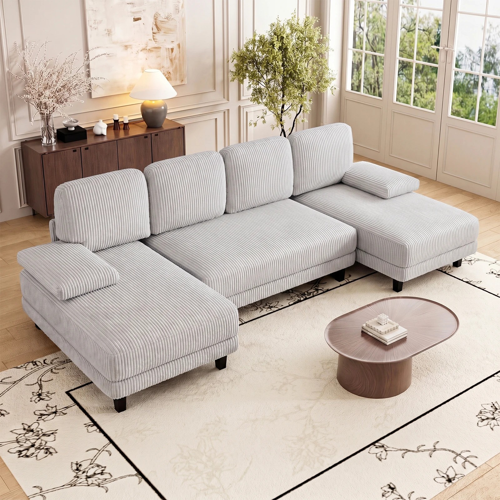 3 Advwin Sectiona Sofa 4-Seater Corduroy Fabric U Shape Couch 280cm - Light Grey, 3 of 6