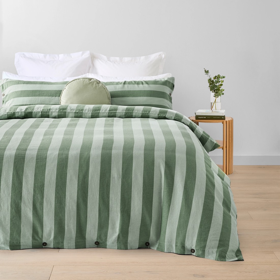 1 Stripe Linen Cotton Quilt Cover Set - Queen Bed, Green, 1 of 7