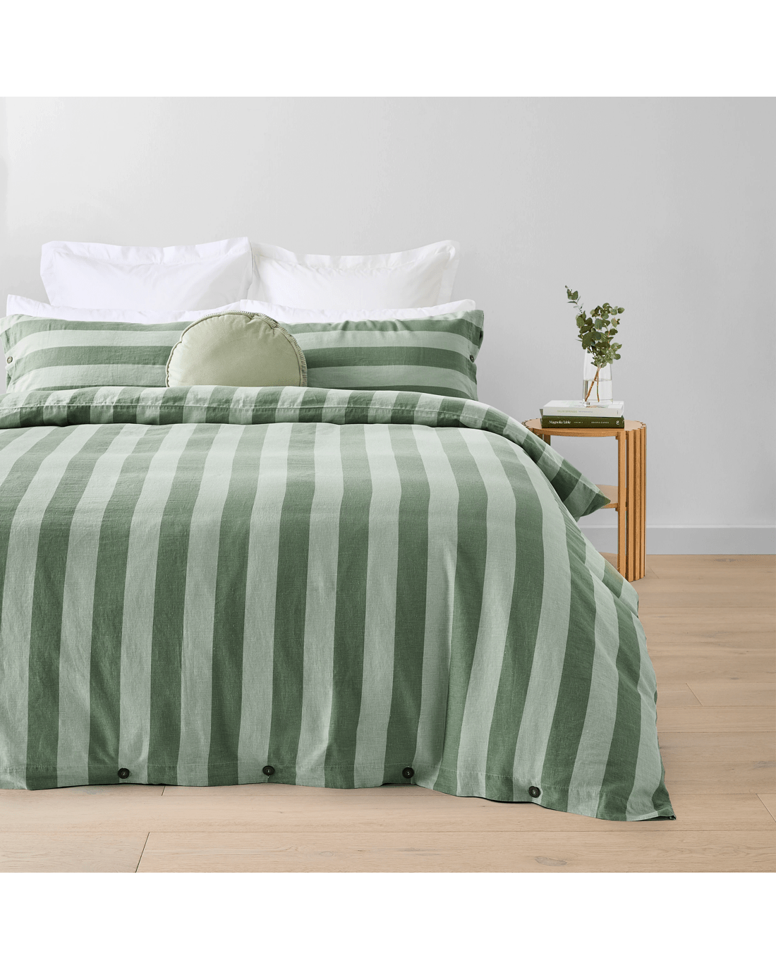 1 Stripe Linen Cotton Quilt Cover Set - Queen Bed, Green, 1 of 7