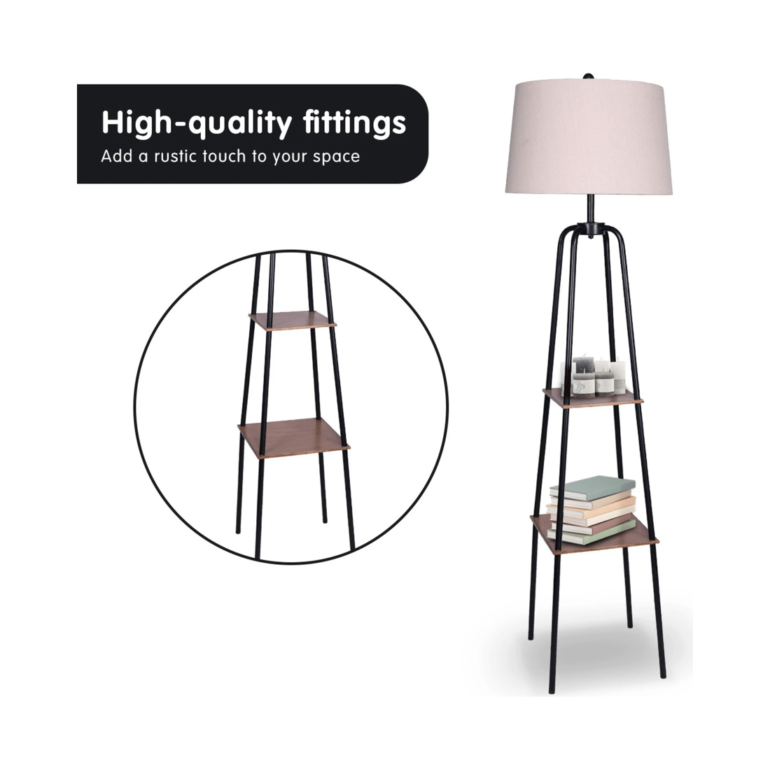 4 Sarantino Metal Etagere Floor Lamp Shade Metal Shelf In Wood Finish, 4 of 5