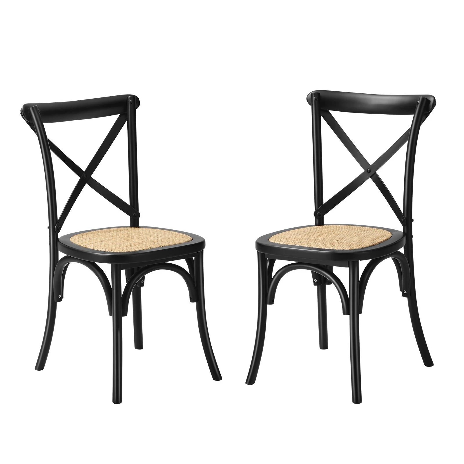 1 Oikiture 2pcs Crossback Dining Chair Solid Birch Timber Wood Ratan Seat
 - Black, 1 of 10