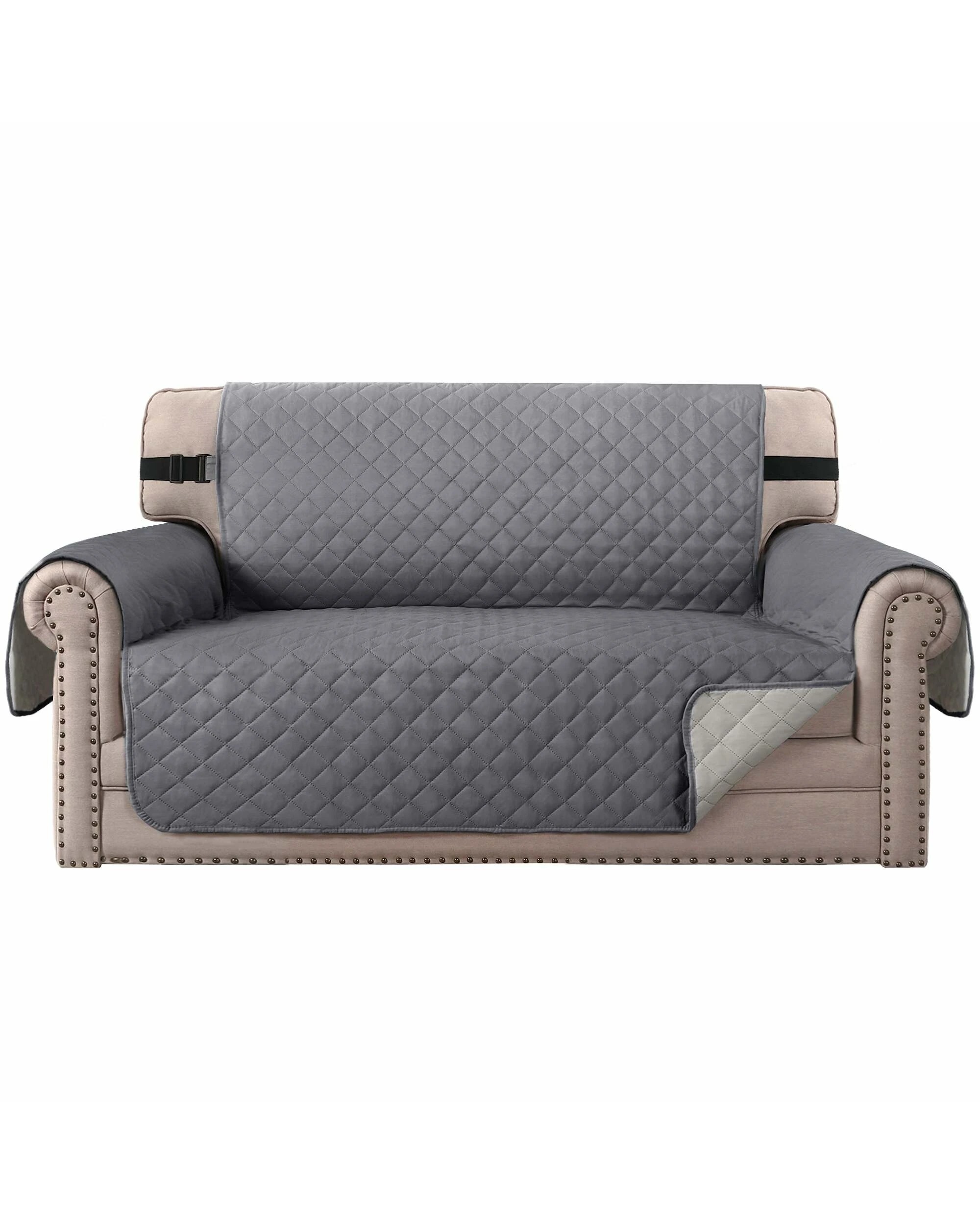 1 Smarcute 2 Seater Quilted Reversible Sofa Cushion with Straps - Grey, 1 of 5