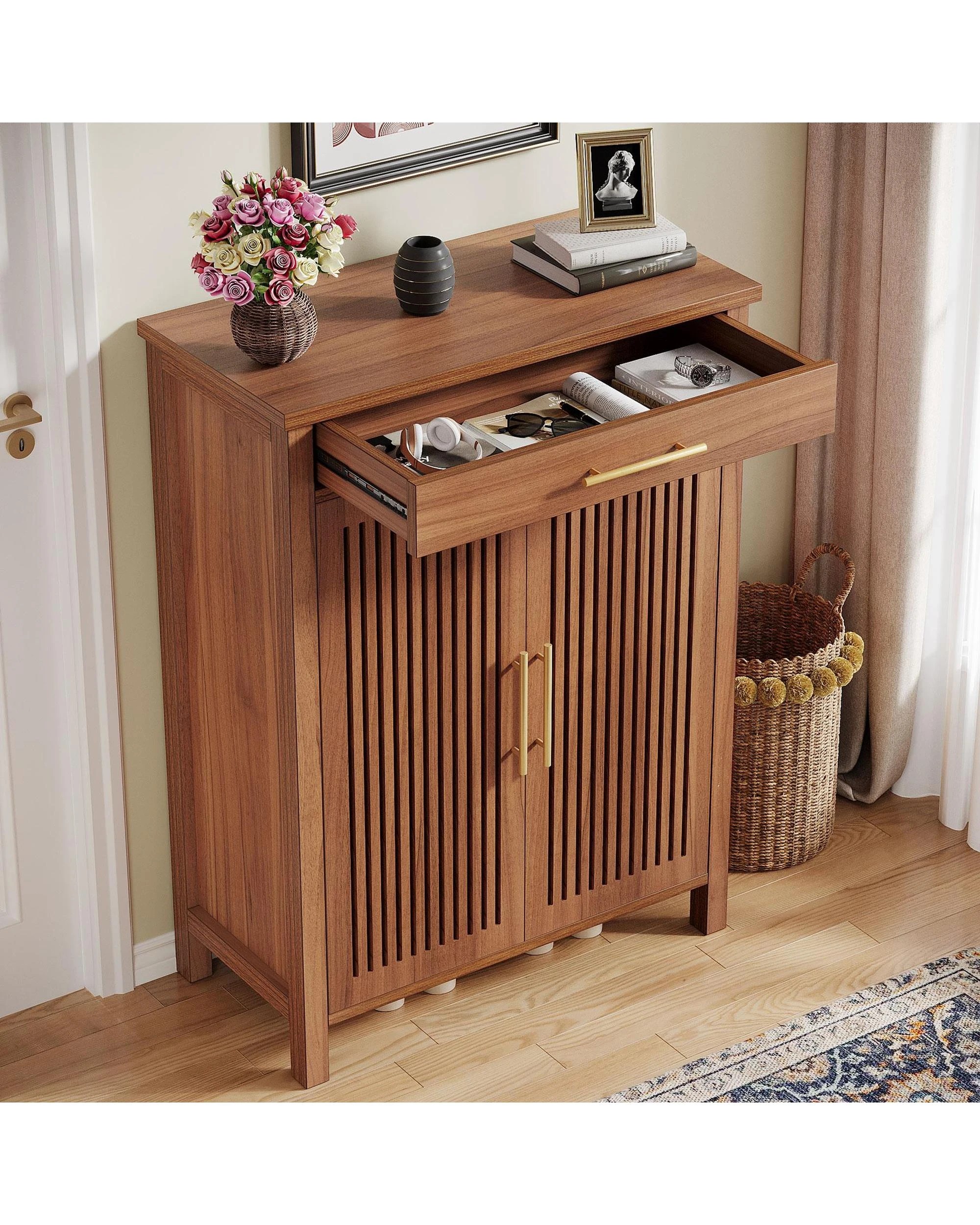 3 OAKORY 5-Tier Shoe Cabinet with Adjustable Shelves, Louvered Doors and Top Drawer in Rustic Brown, 3 of 5