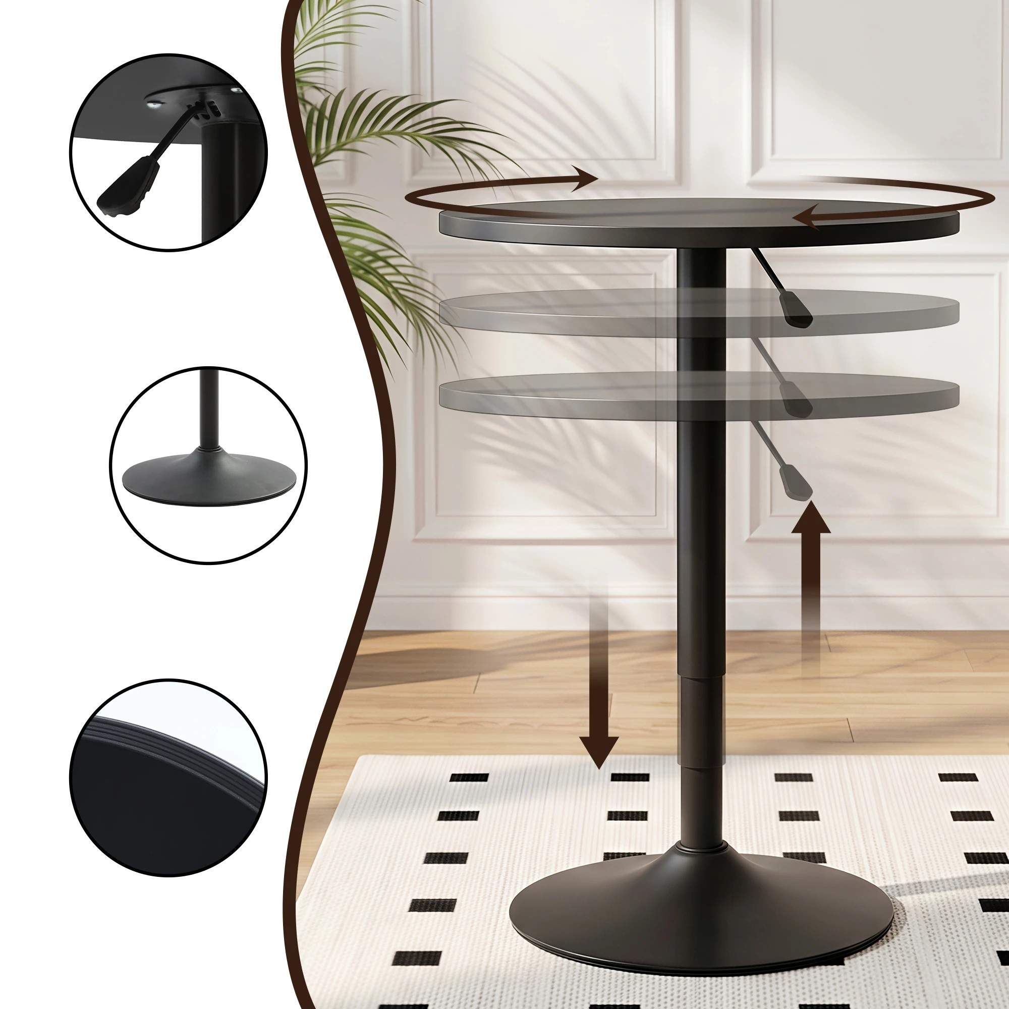 5 Artiss 3pcs Bar Table and Stools Set Adjustable Desk Stackable Chairs - Black, 5 of 7