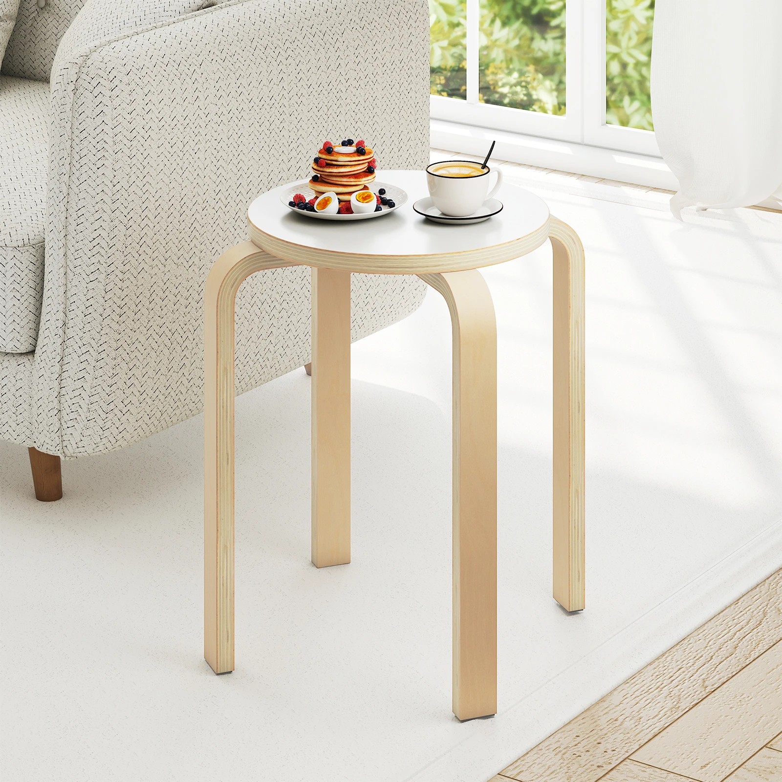 3 Costway 4Pcs Stacking Stool Round Dining Chair Backless Rest Stools Birch Wood, 3 of 4