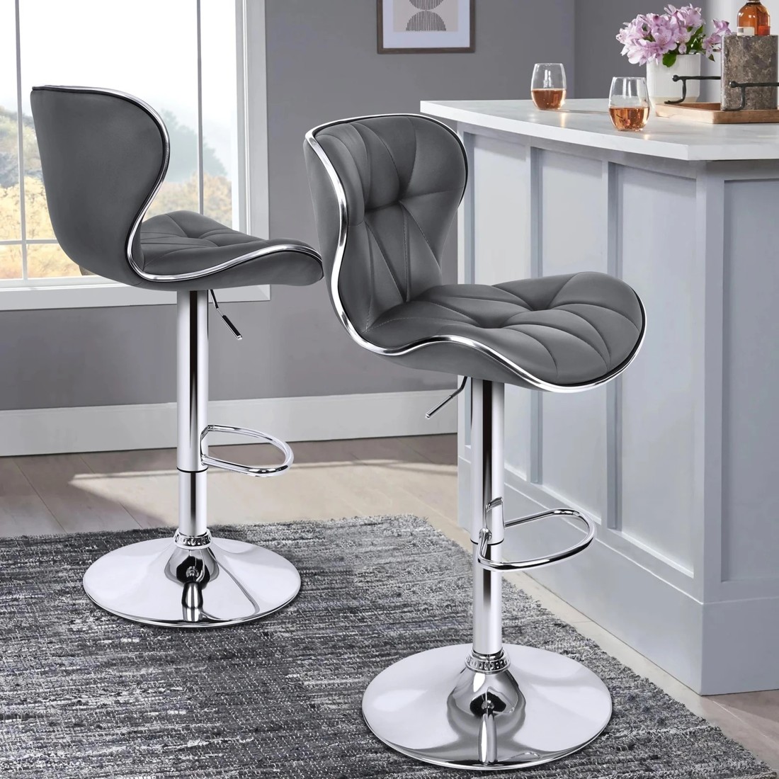 2 Alfordson 2x Bar Stools Luna Kitchen Swivel Chair Leather Gas Lift - Grey, 2 of 8