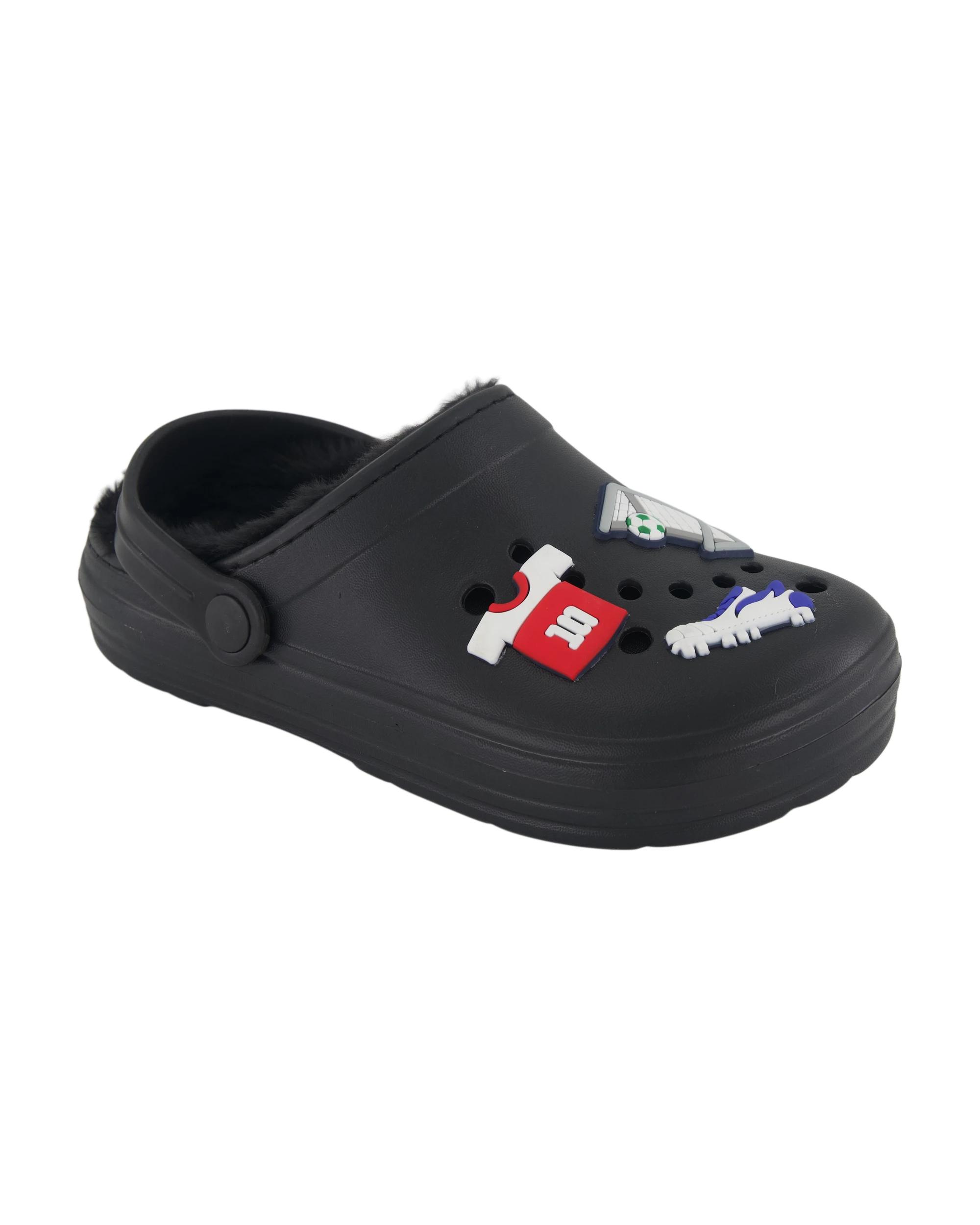 1 Senior Faux Fur Lined Clogs Blk Soccer, 1 of 3