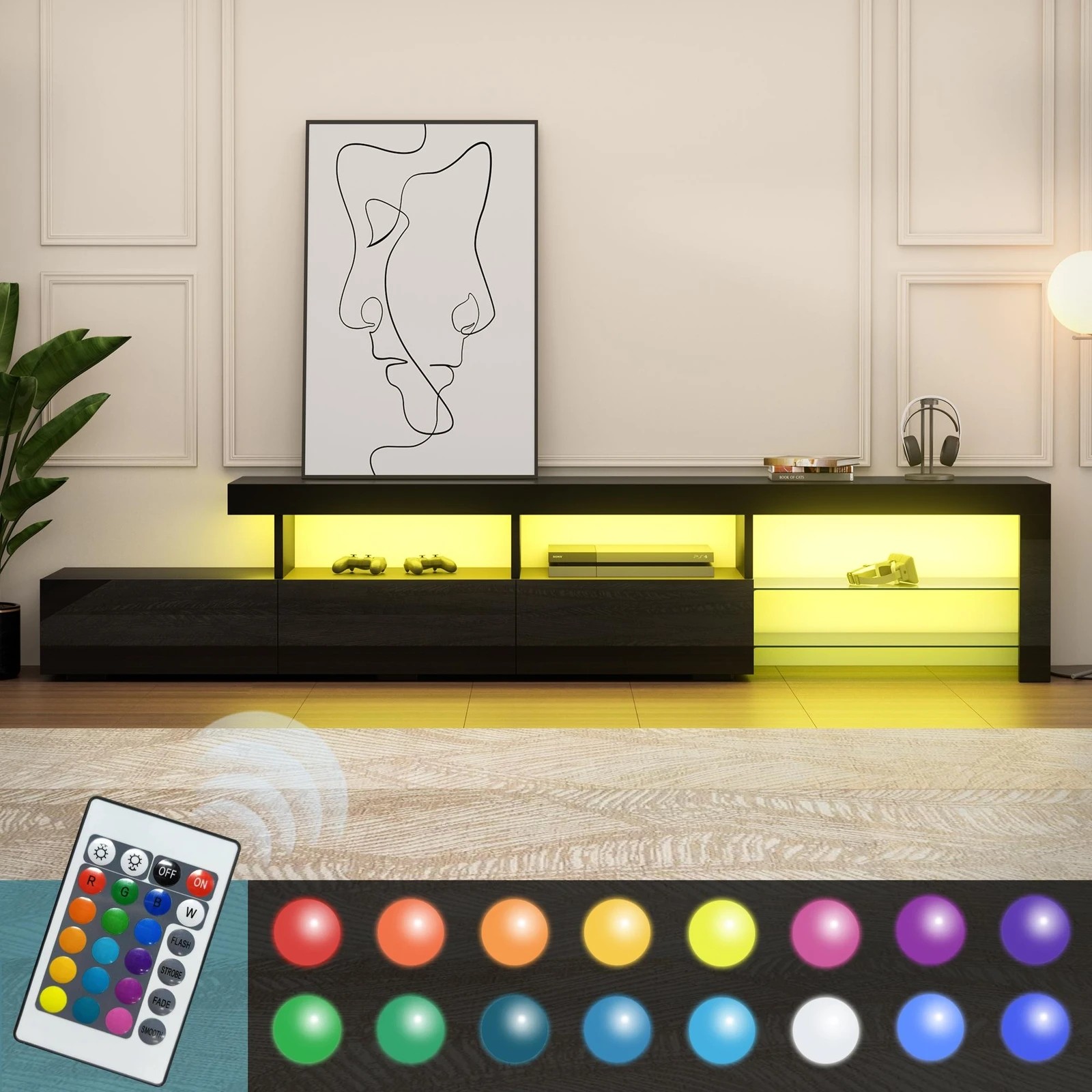 6 Alfordson Entertainment Unit 220cm TV Stand LED Light Storage Gloss - Black, 6 of 10