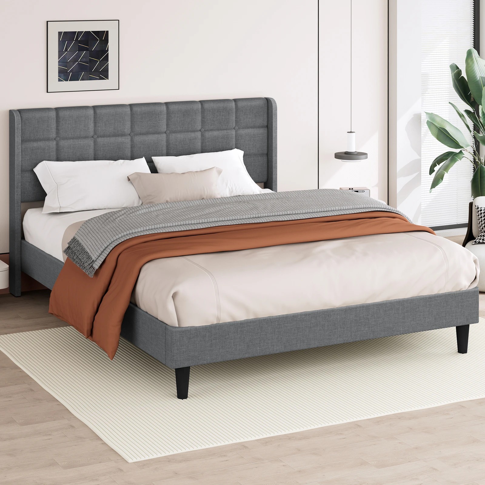 8 Alfordson Bed Frame Double Size Upholstered Wingback Base Fabric Sarah - Grey, 8 of 9