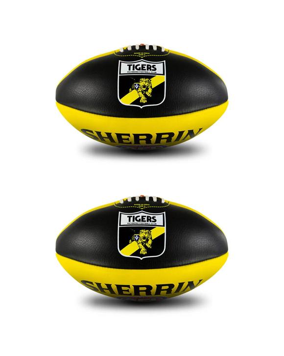SHERRIN AFL Team Leather Football 2 Pack Richmond Tigers Size 5 Grass Play - Multi