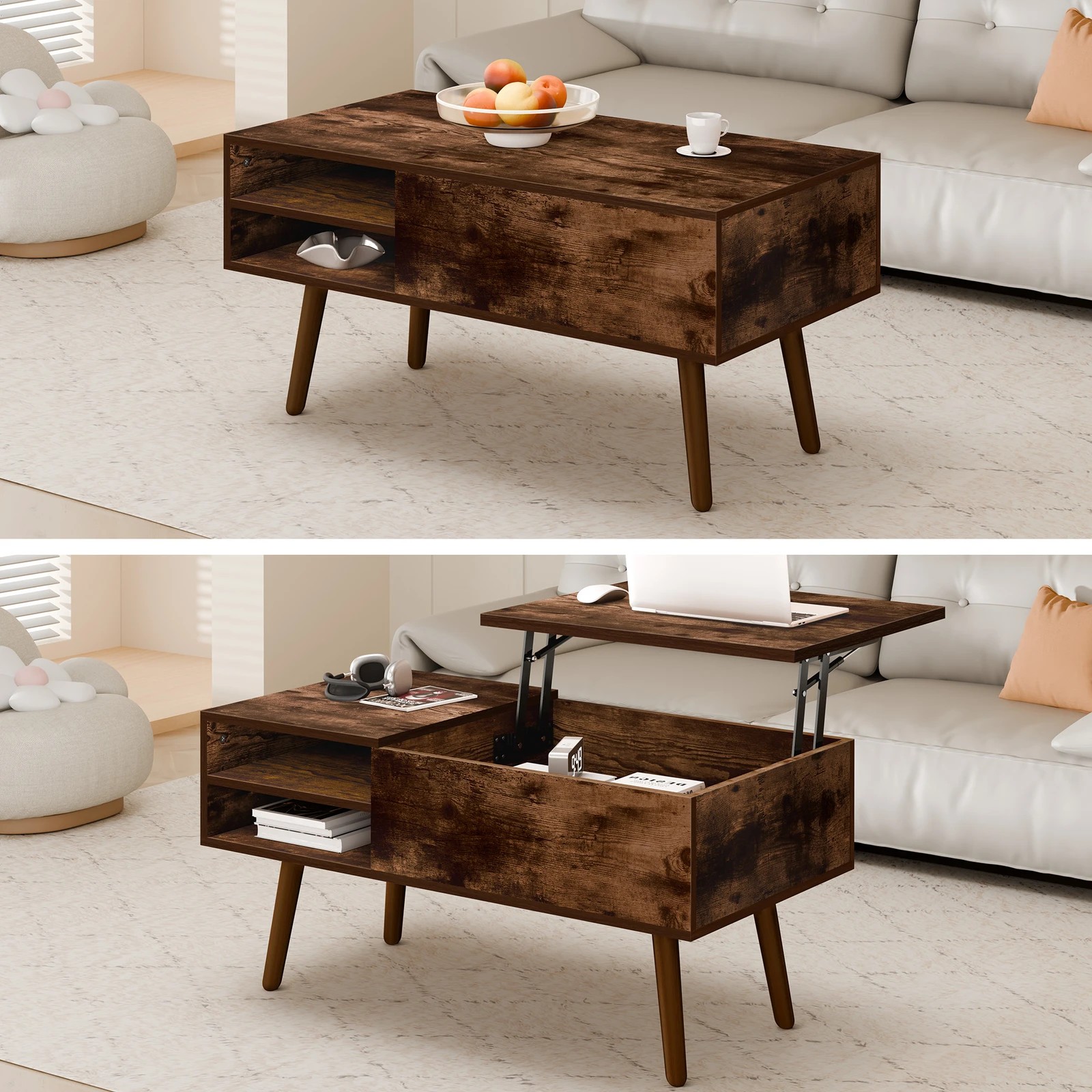 3 Alfordson Coffee Table 2-in-1 Lift Up Hidden Storage Dark Oak, 3 of 10