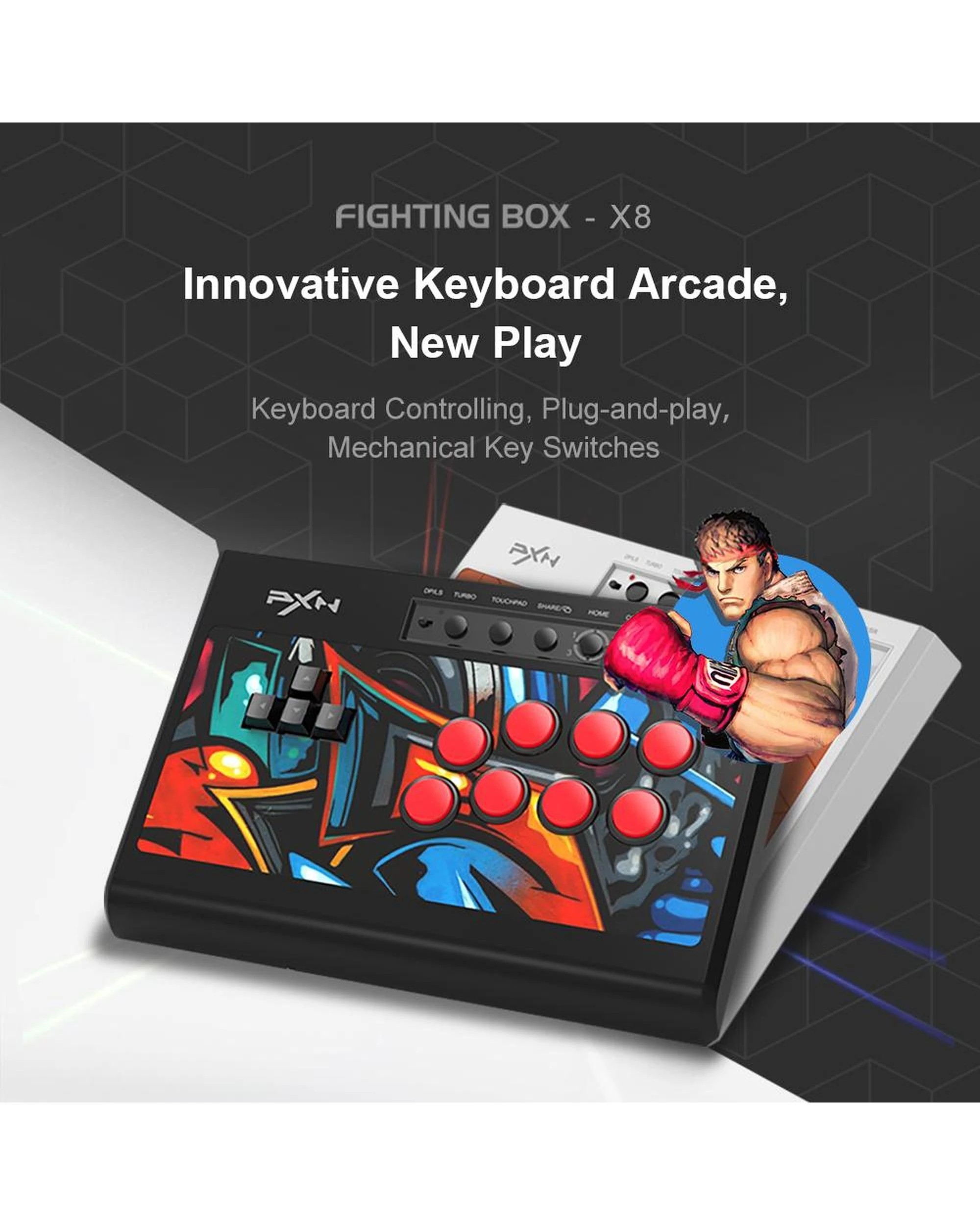 9 PXN-X8 Gaming Keyboard Controller Black Arcade Fighting Box USB Style PC  Android PS3 PS4 Xbox One, 9 of 10