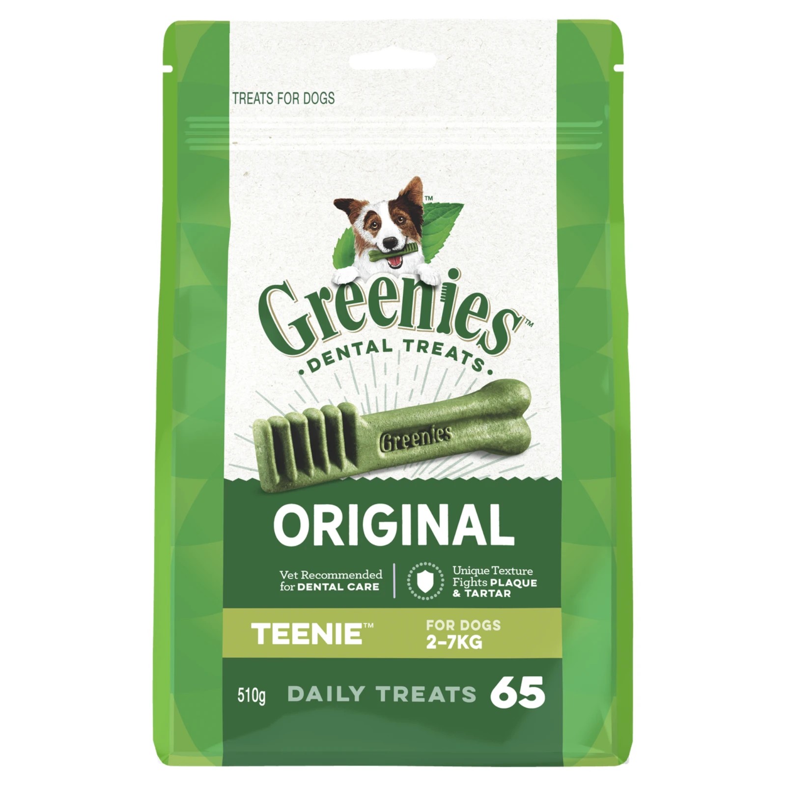 1 Greenies Original Dental Dog Treat Teenie Dogs 2-7kg - 510g (65 Treats), 1 of 2