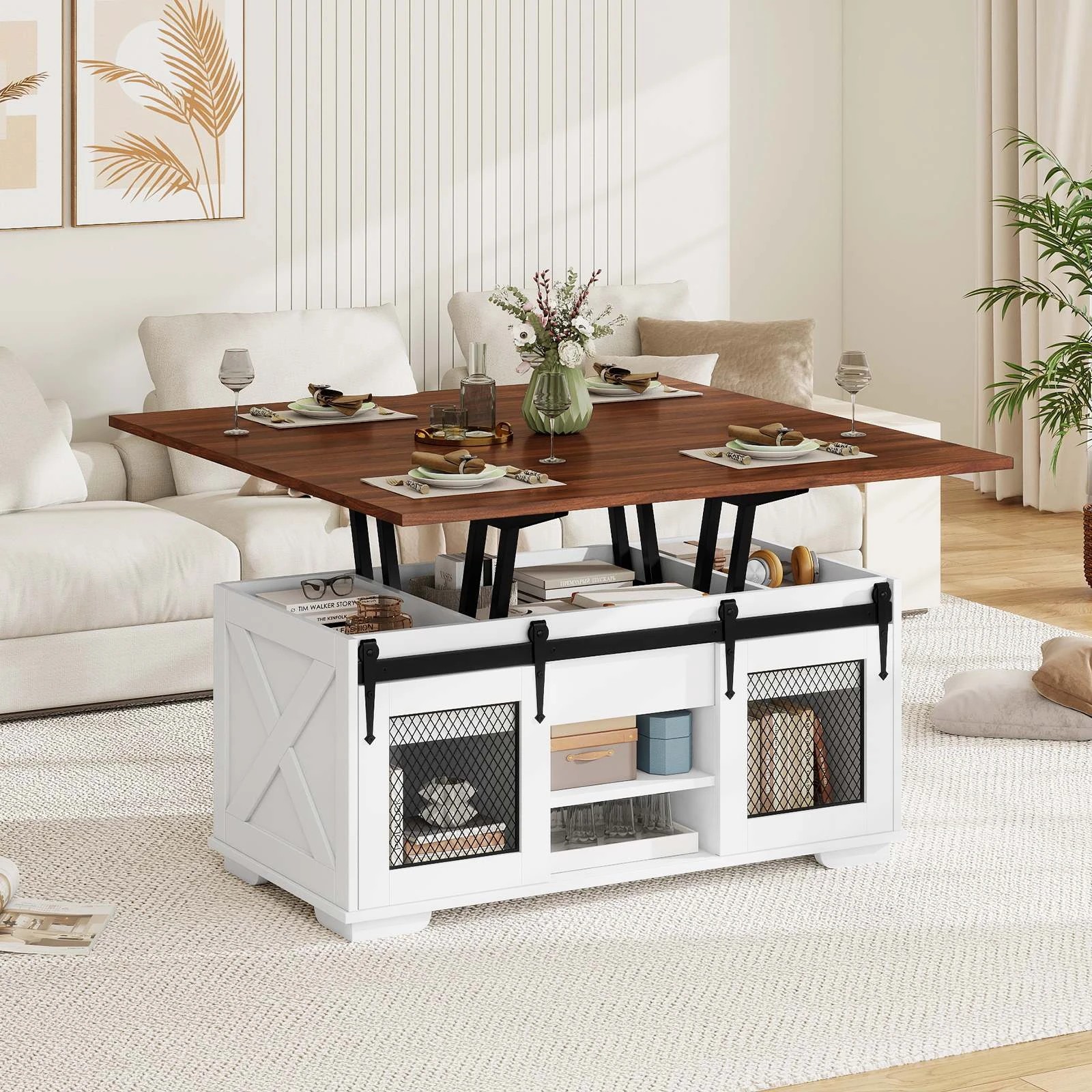 4 Costway Lift Top Coffee Table 3-in-1 Dining Table Farmhouse Center Table, 4 of 4
