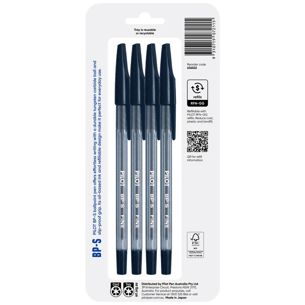 2 PILOT BP-S Ballpoint Pen Fine 0.7mm Black 4 Pack, 2 of 8