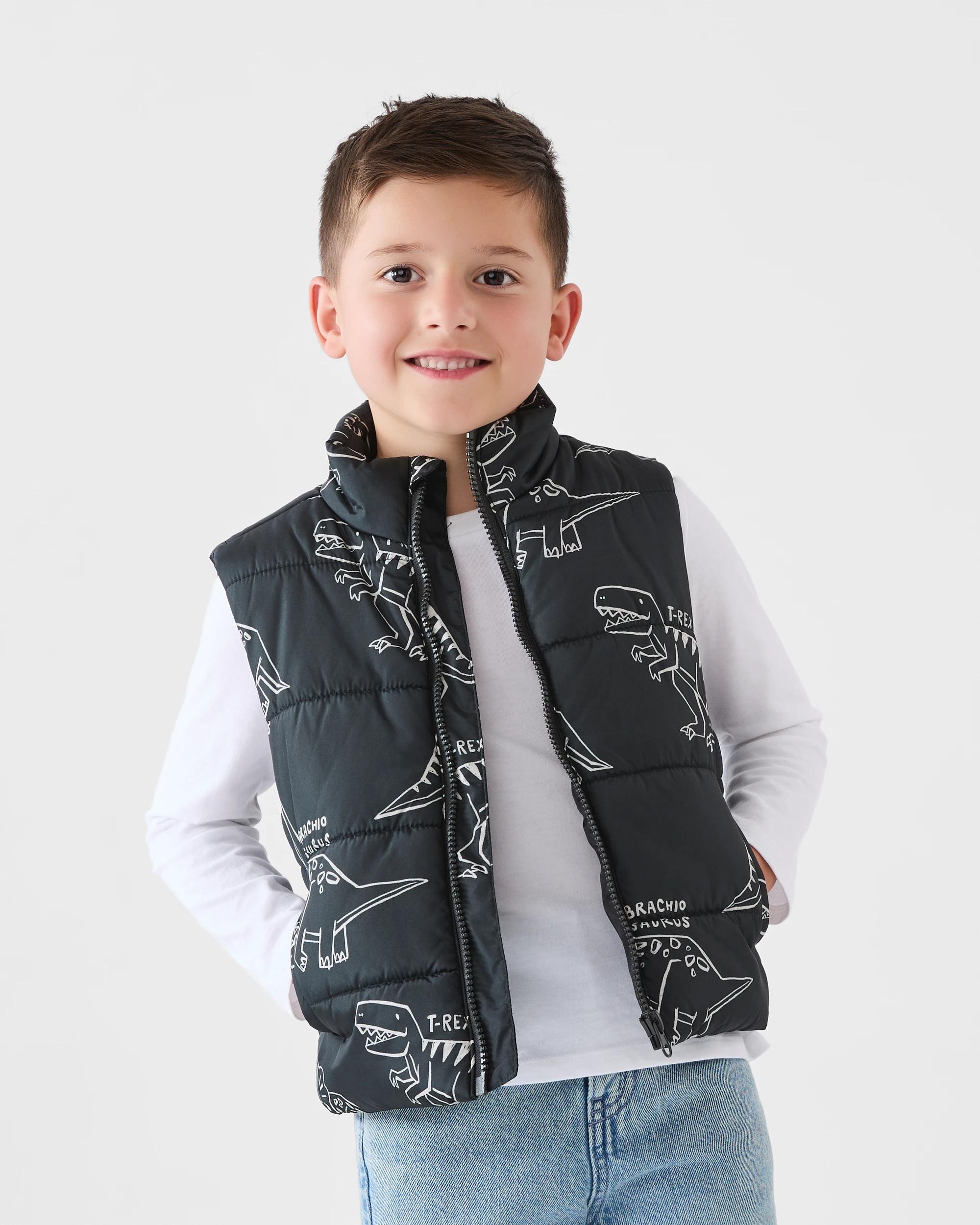 1 Printed Puffer Vest Blk Dino, 1 of 7