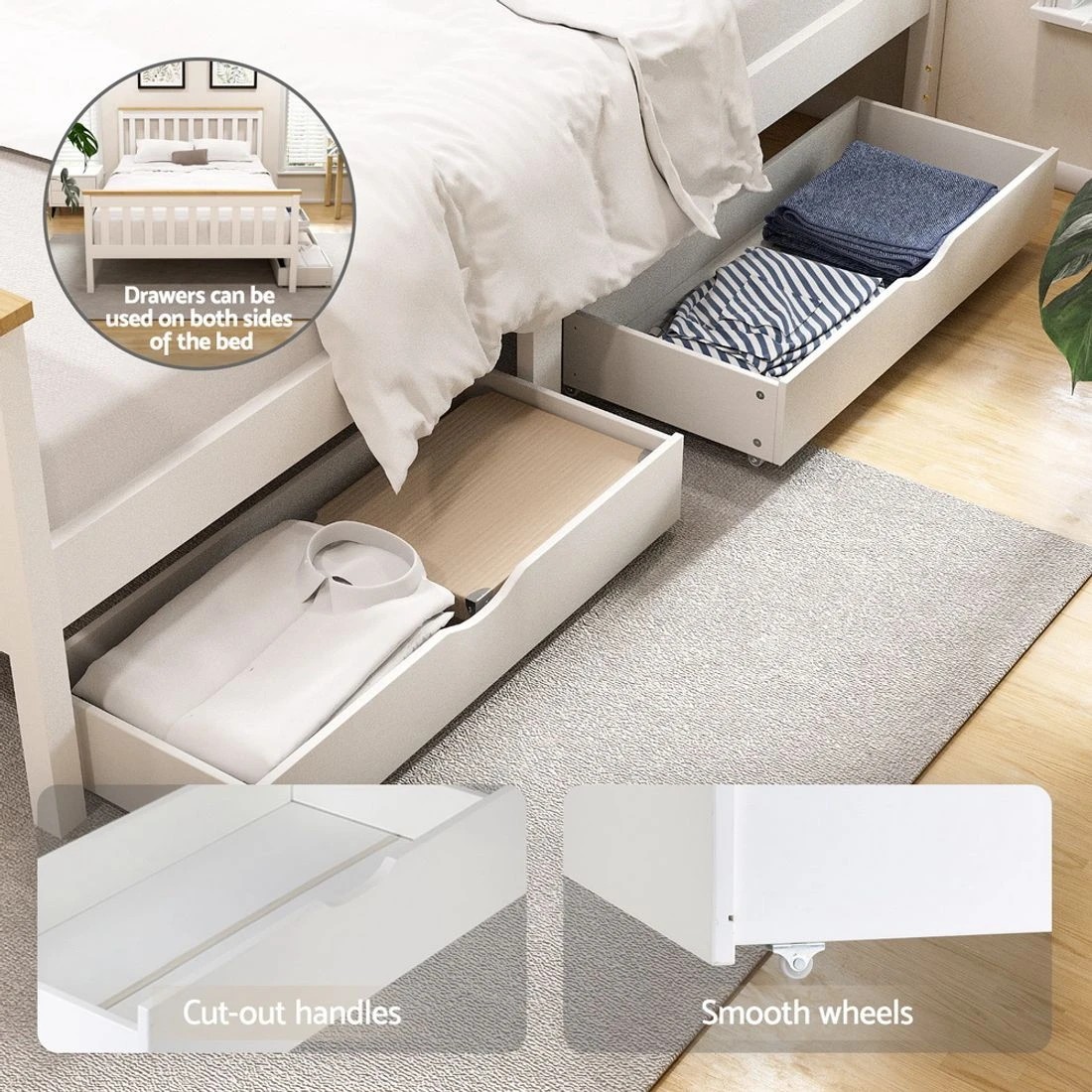 3 Artiss Bed Frame Double Size Wooden Platform with 2 Storage Drawers - White, 3 of 8