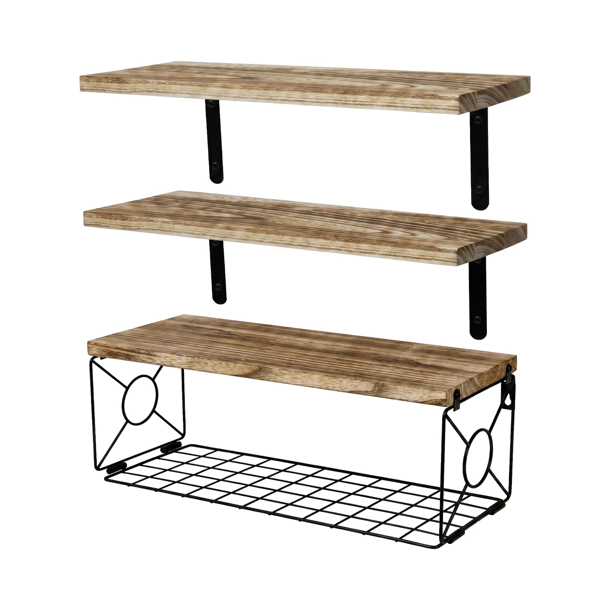 2 Levede Wall Floating Shelves With Wire Strorage Basket  Set Of 3+1 - Brown, 2 of 5
