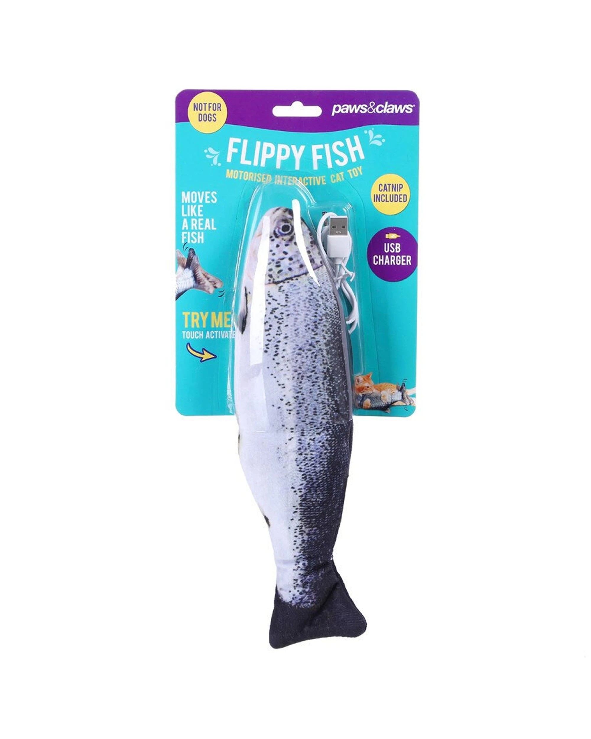 1 Paws And Claws Flippy Fish 30cm Interactive Cat Toy Usb Rechargeable Catnip Pouch
 - Multi, 1 of 1