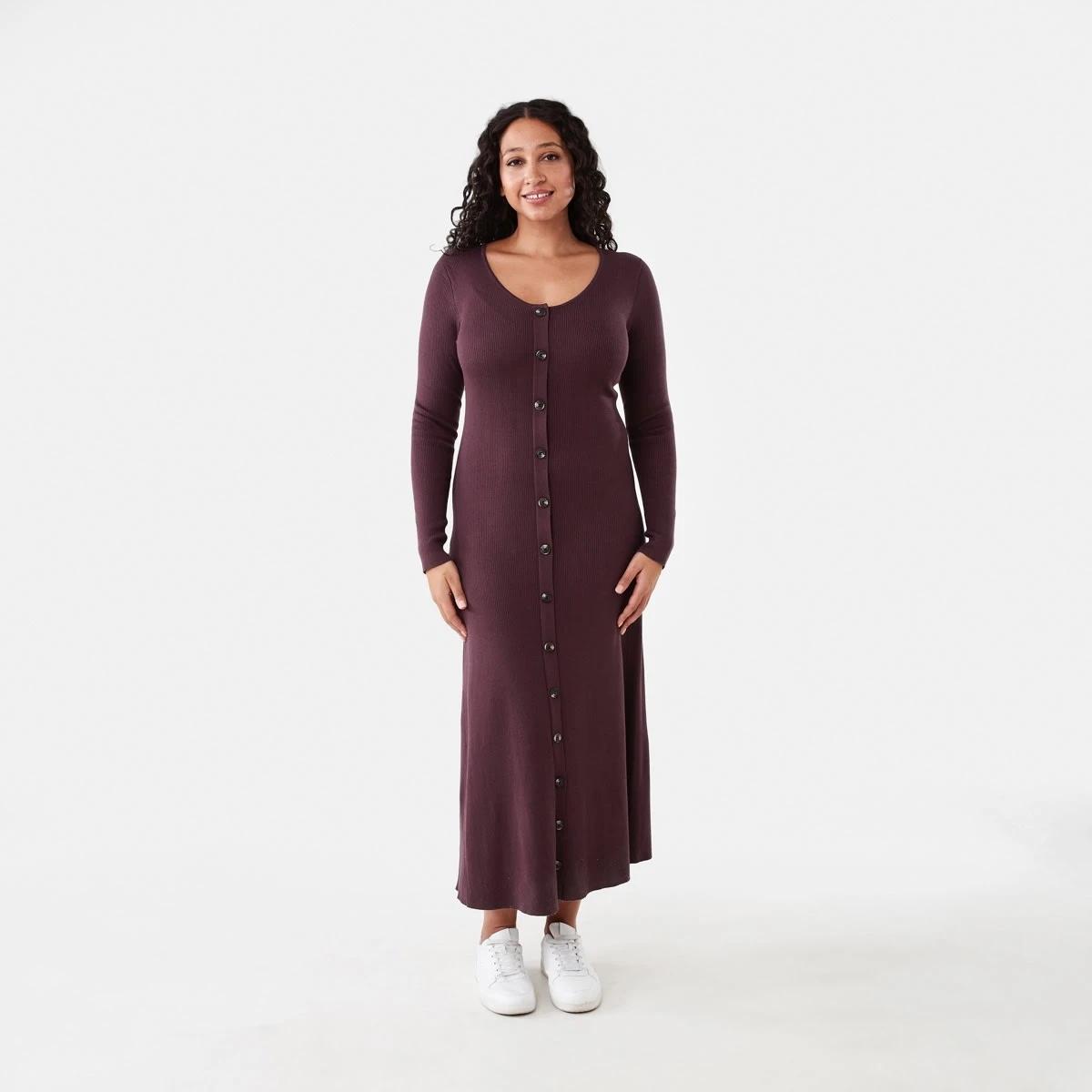 1 Long Sleeve Button Through Knit Maxi Dress Berry Marl, 1 of 6