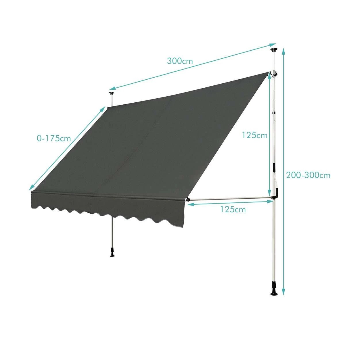 2 Costway 300x125CM Retractable Arm Awning Telescopic UV-Resistant Waterproof Canopy - Grey, 2 of 3