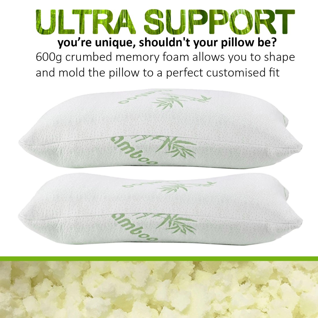 3 Royal Comfort Luxury Bamboo Covered Memory Foam Pillows 56 x 36cm Twin Pack - White, 3 of 5