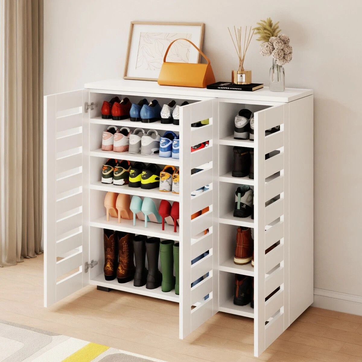 2 LUXSUITE Shoe Rack Storage Cabinet Wooden Narrow Slim Hallway Entryway Footwear Organiser Cupboard Unit 30 Pairs 3 Door, 2 of 4