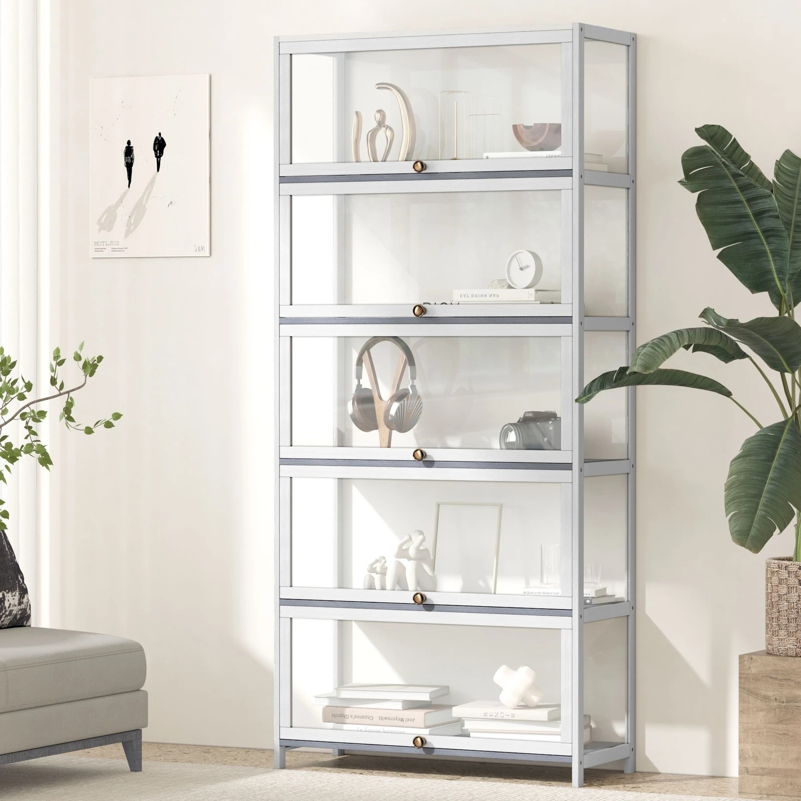 2 Oikiture Display Cabinet Storage 5-tier Shelves Clear Bookcase Stand Rack
 - White, 2 of 9