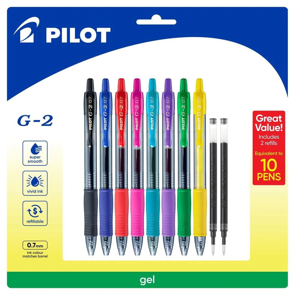 1 PILOT G2 Retractable Gel Fine 0.7mm Assorted 8 Pens+2 Refills, 1 of 8