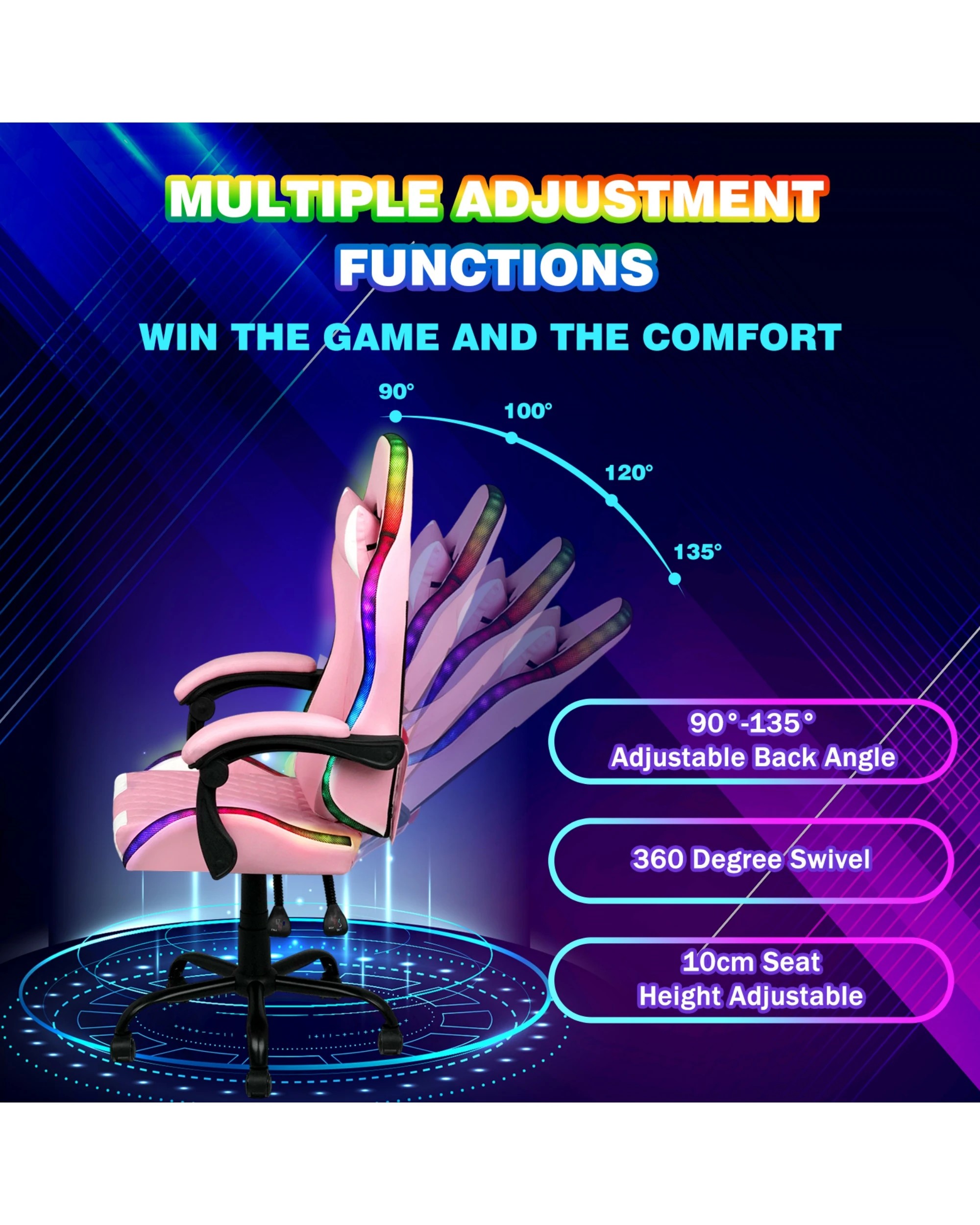 4 Advwin Gaming Chair With Massagers And LED Lights, Executive Office Chair With 135° Recline, Racing Computer Chair, 4 of 9