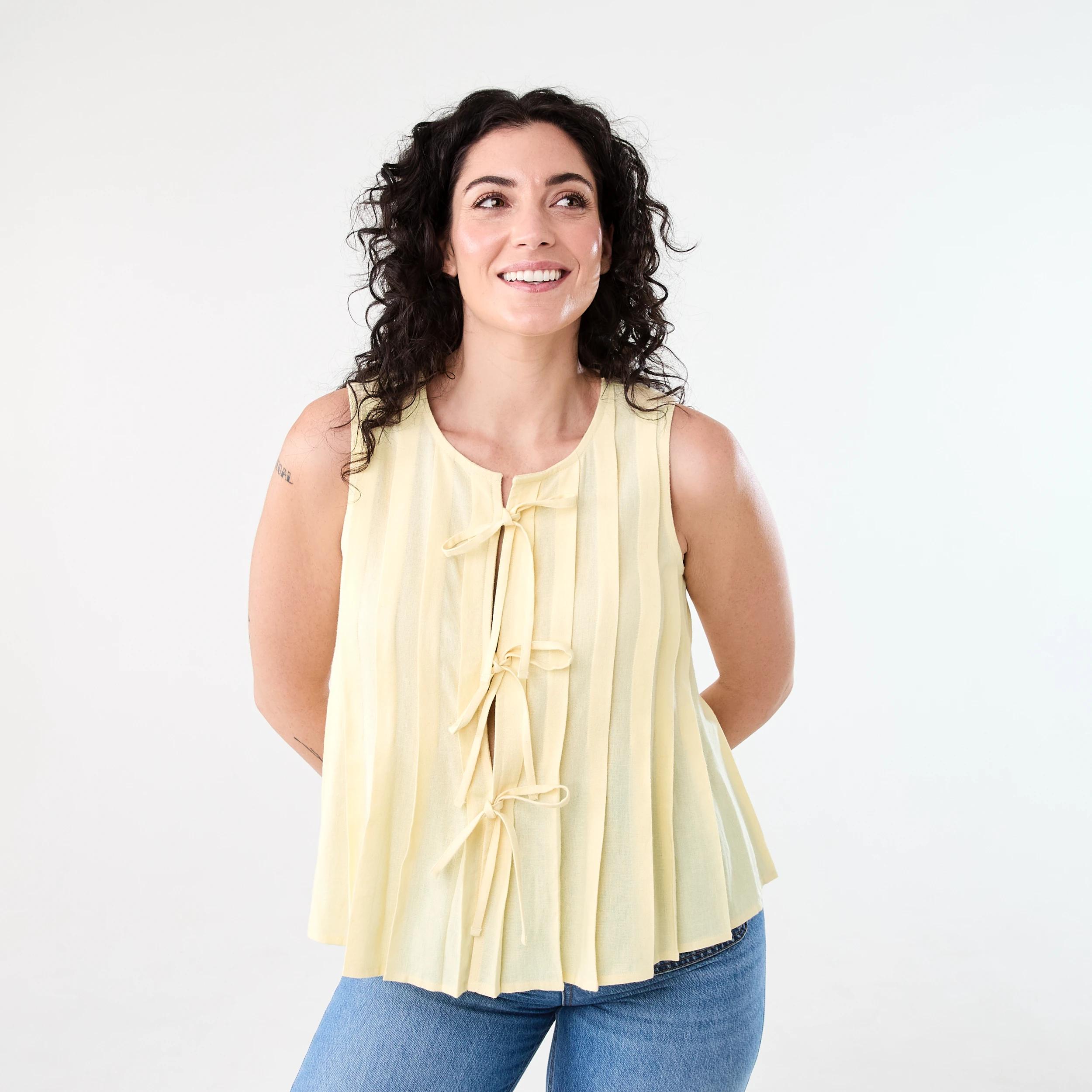 1 Sleeveless Pleated Tie Front Top Fln Yellow, 1 of 5
