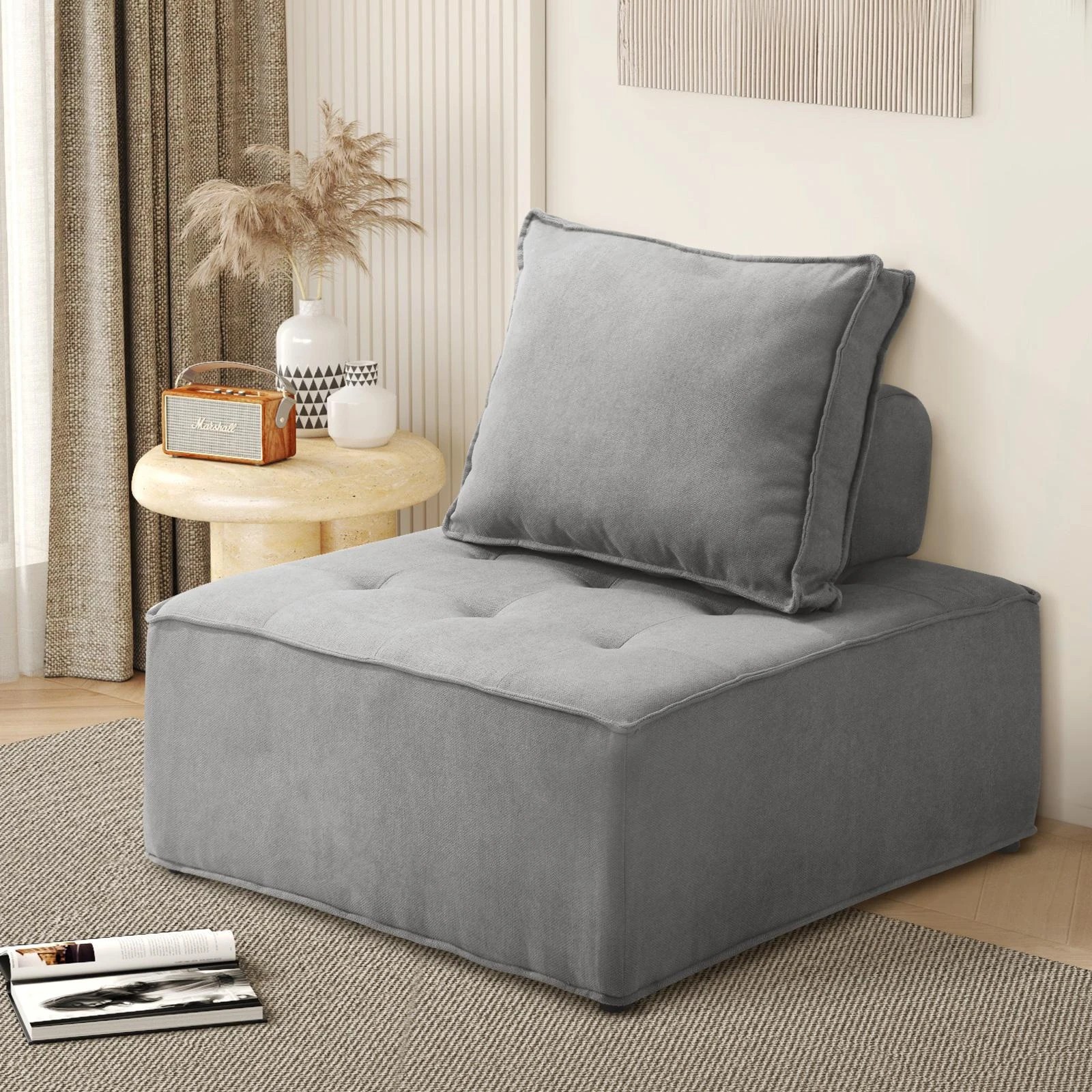 2 Oikiture 1pc Modular Sofa Lounge Chair Armless Tofu Back Linen
 - Grey, 2 of 10