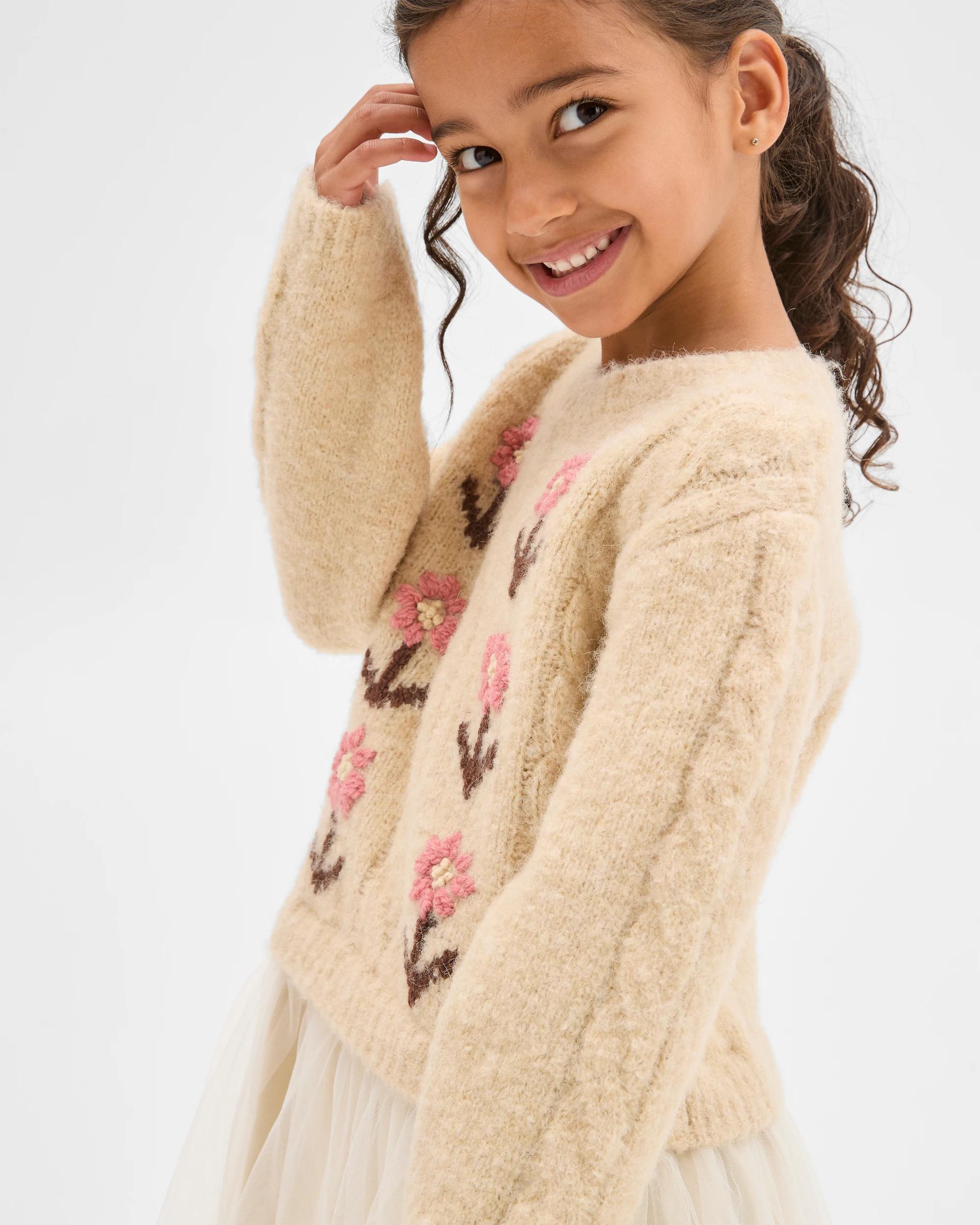 3 Target Kids Long Sleeve Knit Jumper Tulle Embroidered Dress GARDENIA CREAM, 3 of 6