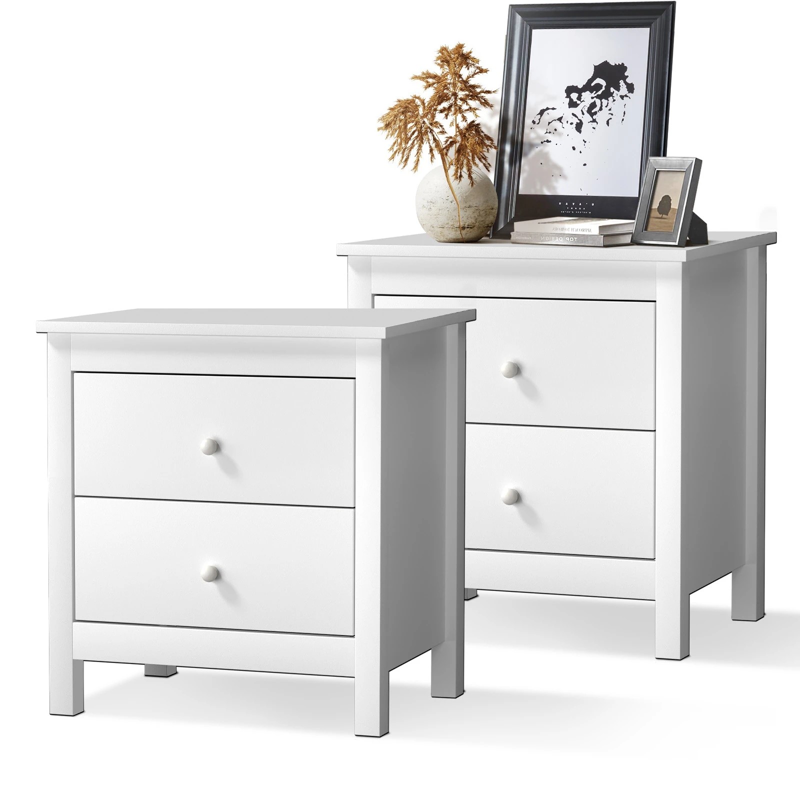9 Oikiture Bedside Tables Set of 2 Nightstand Side Table Storage Cabinet 2 Drawers - White, 9 of 9